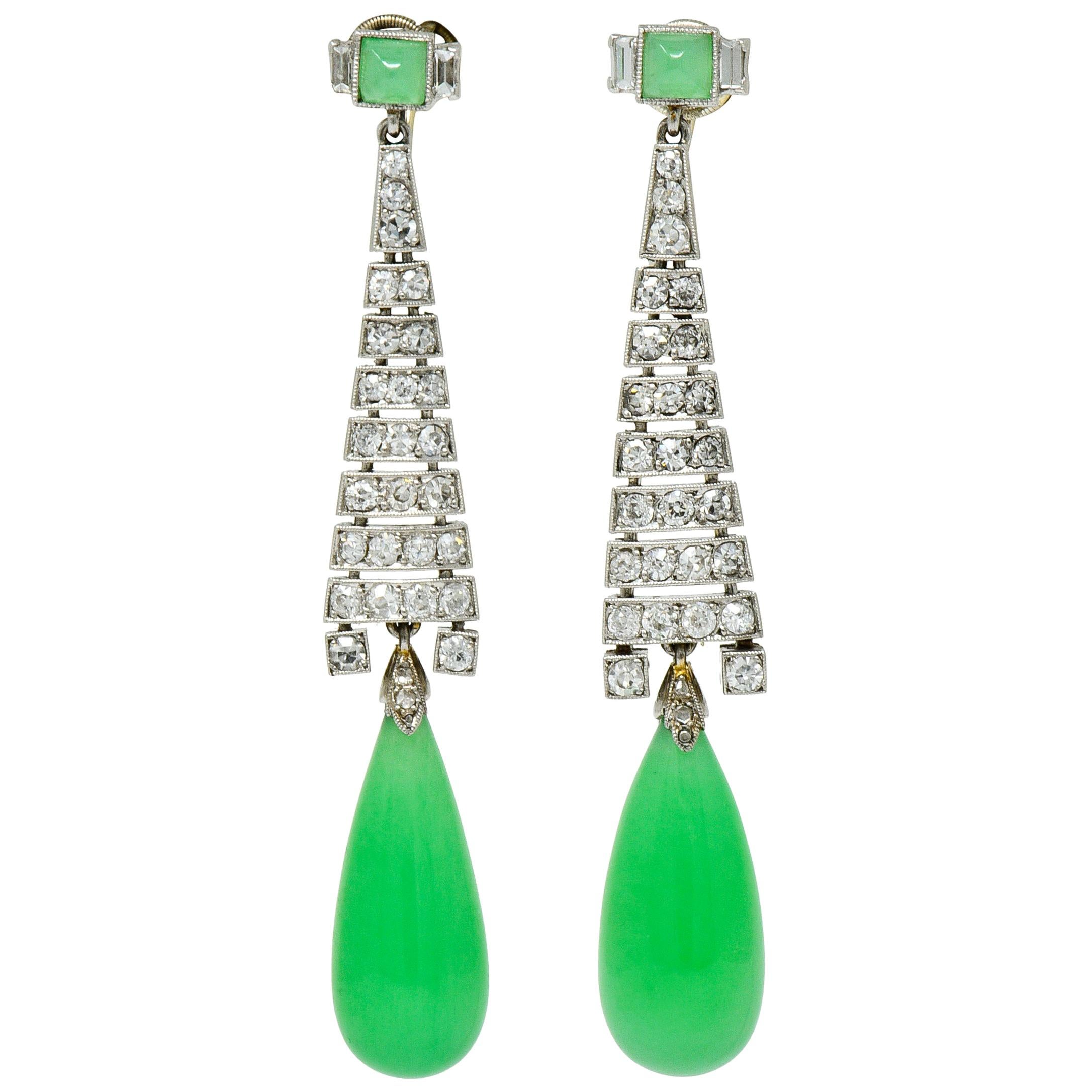 Art Deco Diamond Platinum Drop Earrings at 1stDibs
