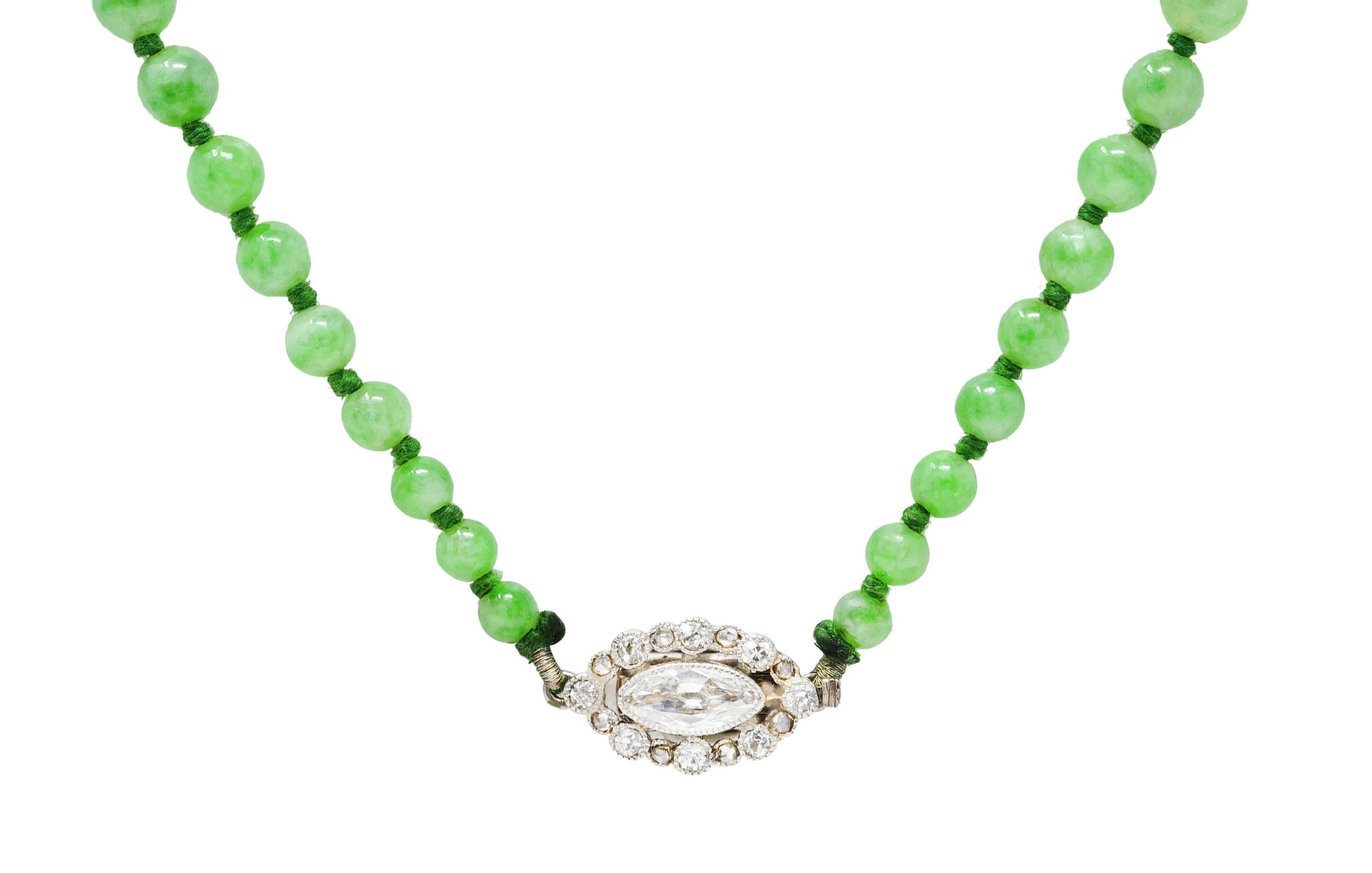 Women's or Men's Art Deco Diamond Jadeite Jade Platinum Graduated Bead Strand Necklace GIA