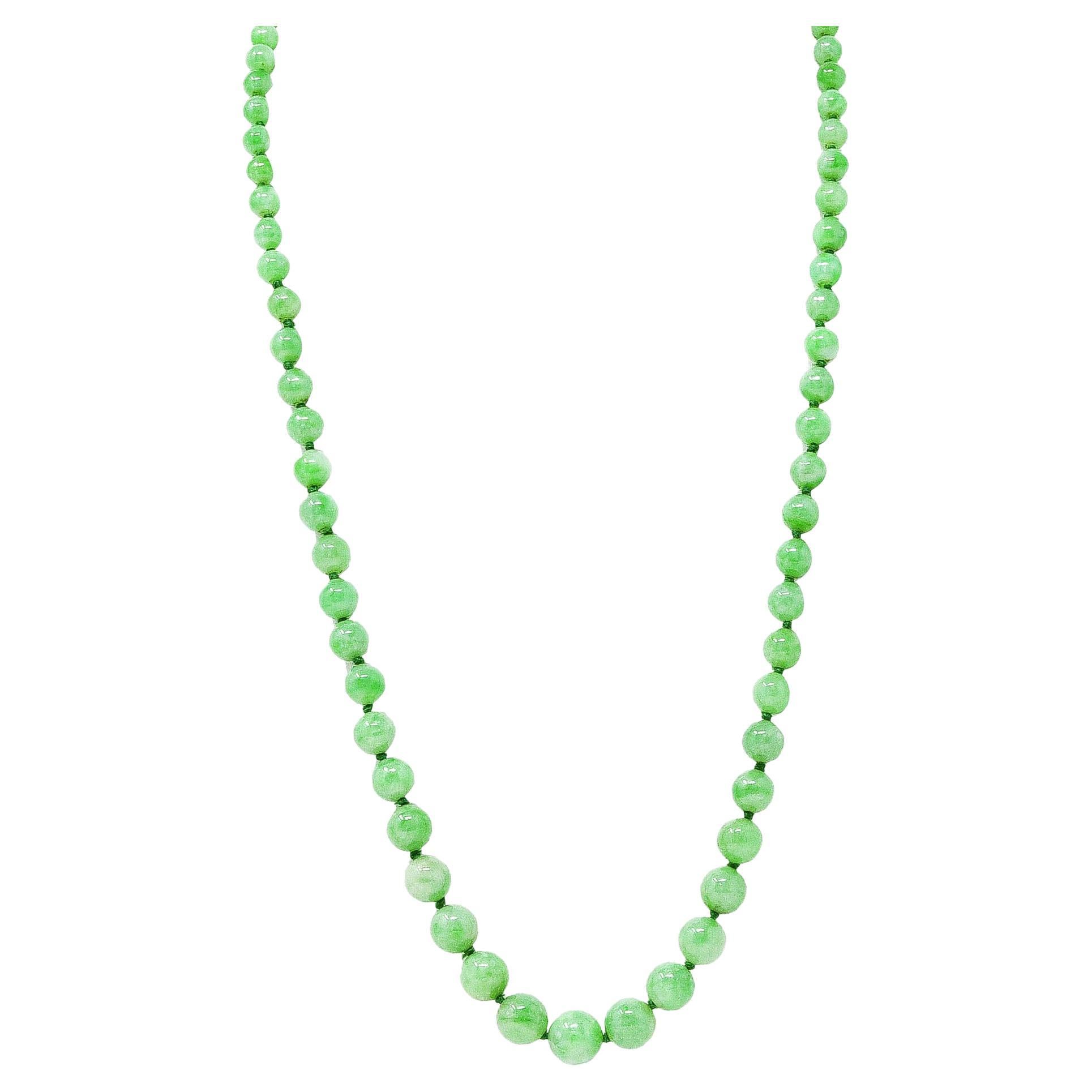Art Deco Diamond Jadeite Jade Platinum Graduated Bead Strand Necklace GIA