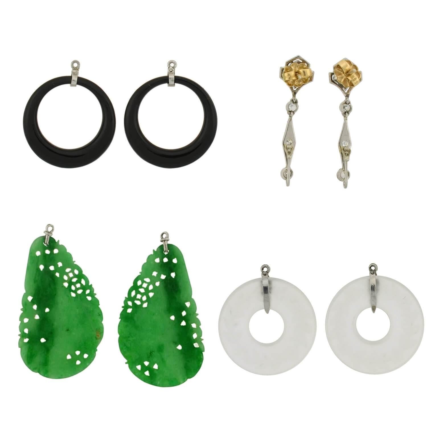 Art Deco Diamond, Jadeite, Onyx and Rock Quartz Crystal Convertible Earrings For Sale 4