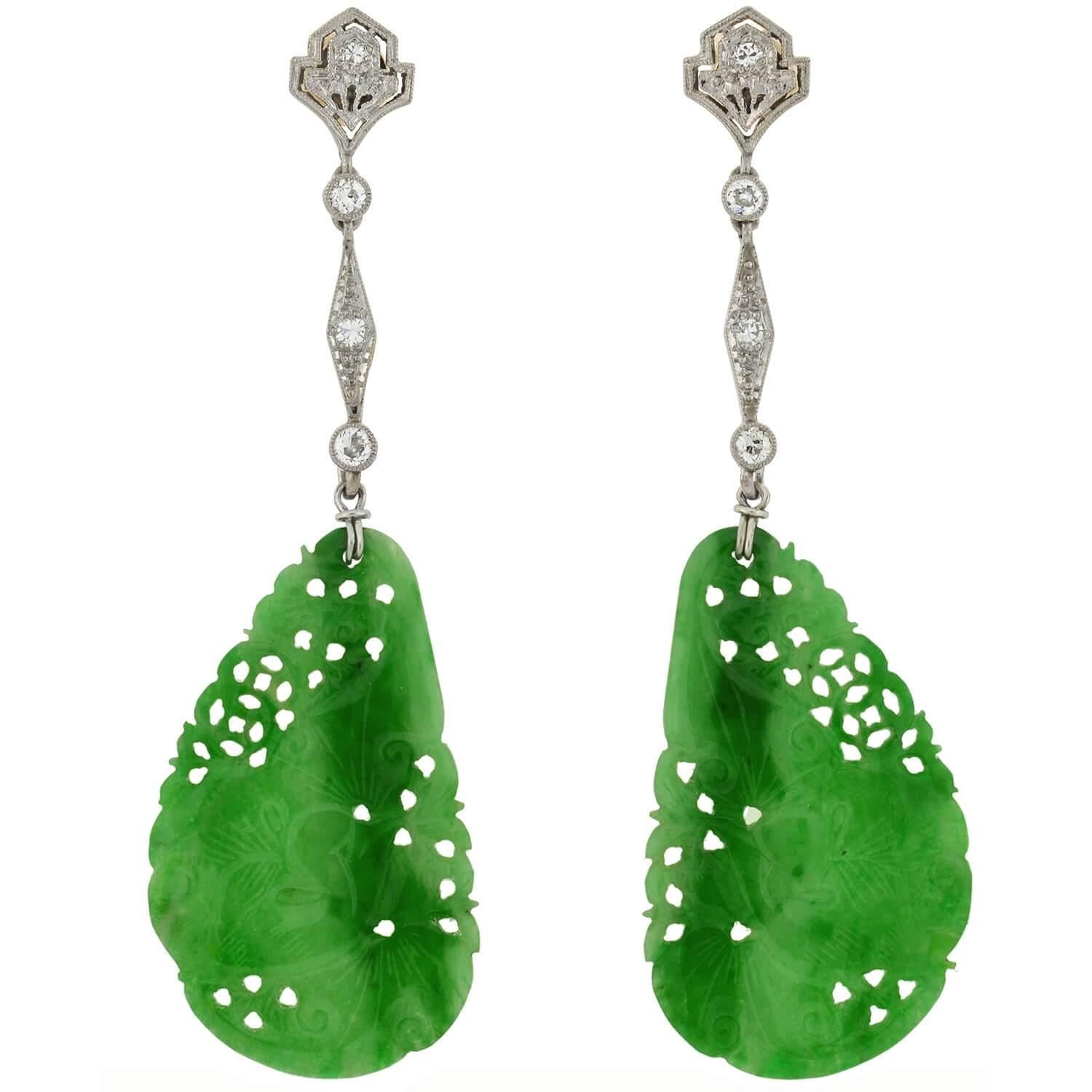 Art Deco Diamond, Jadeite, Onyx and Rock Quartz Crystal Convertible Earrings In Good Condition In Narberth, PA