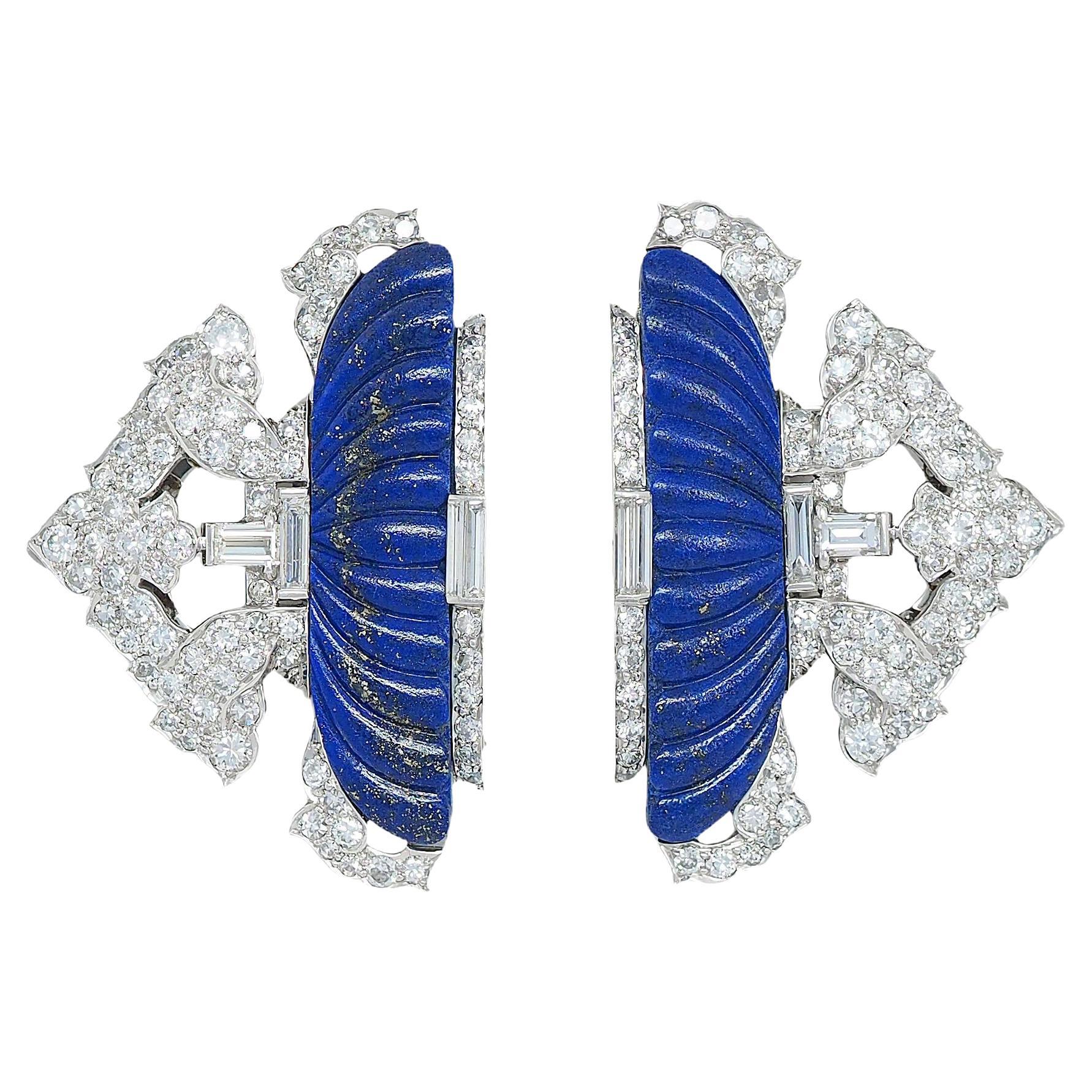 Art Decó Diamante Lapislázuli Platino Oro 18K Broche Clips Foliado Vintage