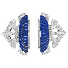 Art Deco Diamond Lapis Lazuli Platinum 18K Gold Vintage Foliate Brooch Clips
