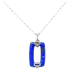 Art Deco Diamond Lapis Lazuli Platinum Cushion Drop Necklace