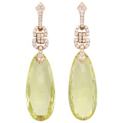 Art Deco Diamond Lemon Quartz and 18 Karat Rose Gold Pendant Earrings Art Deco Diamond Lemon Quartz and 18 Karat Rose Gold Pendant Earrings