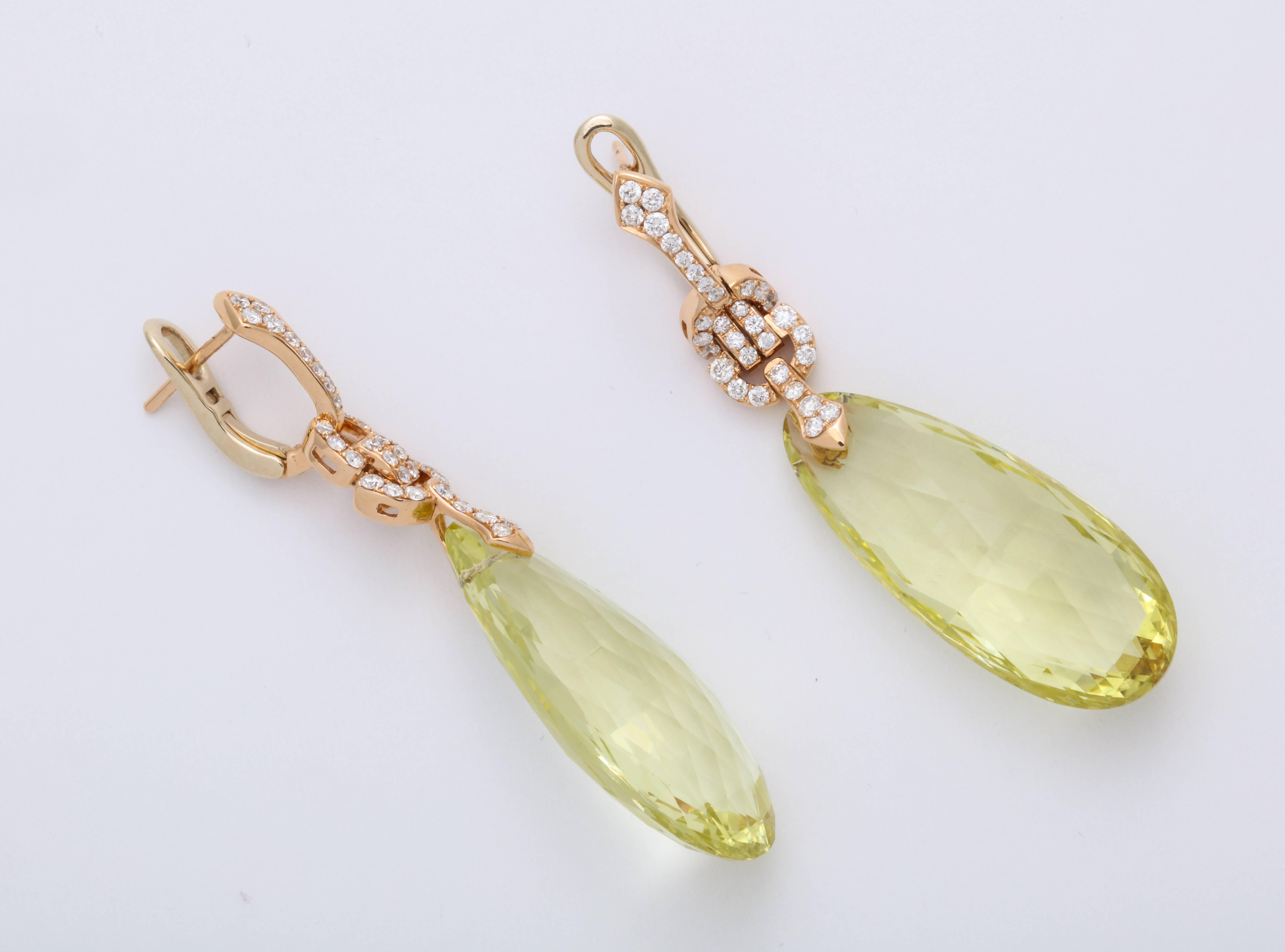 Round Cut Art Deco Diamond Lemon Quartz and 18 Karat Rose Gold Pendant Earrings