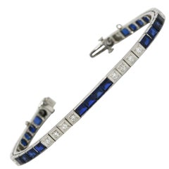 Art Deco Diamond Line Bracelet Square Tennis French Cut Blue Sapphires Synthetic