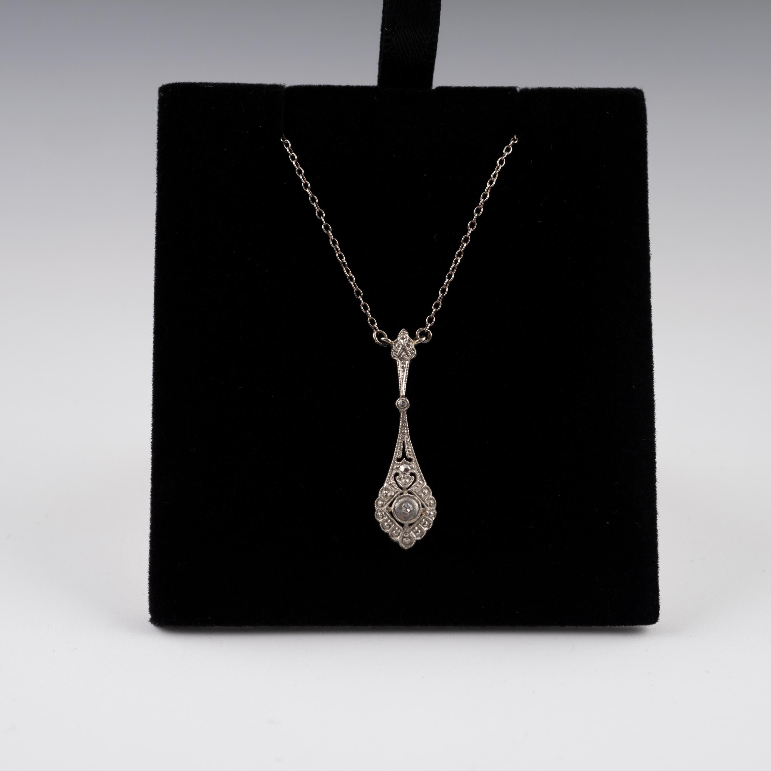 Women's Art Deco Diamond Marcasite Pendant Necklace 14 Karat Gold and Silver, circa 1925