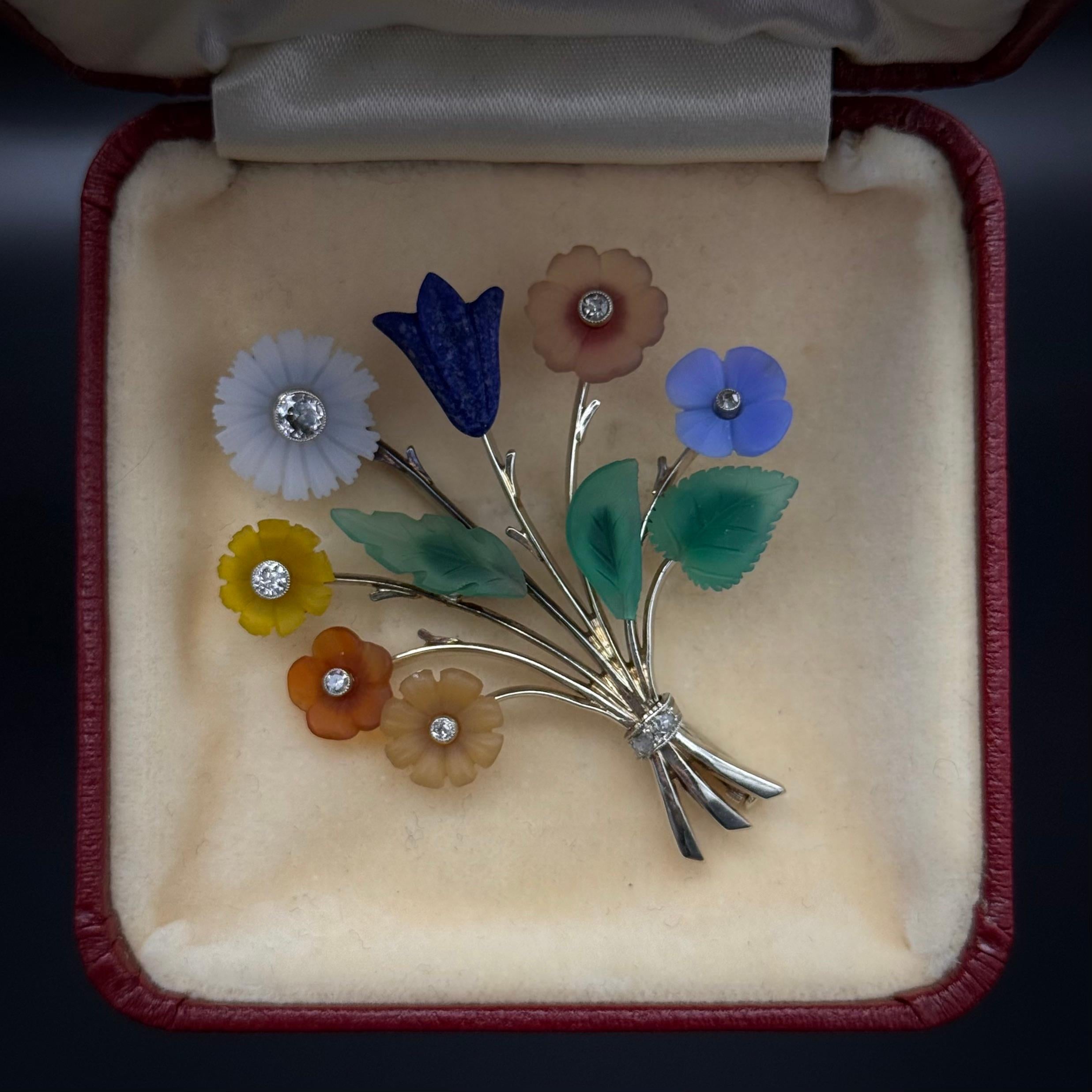 Round Cut Art Deco Diamond Multi-Gem Floral Bouquet Brooch White Gold Czechoslovakia 1930s For Sale