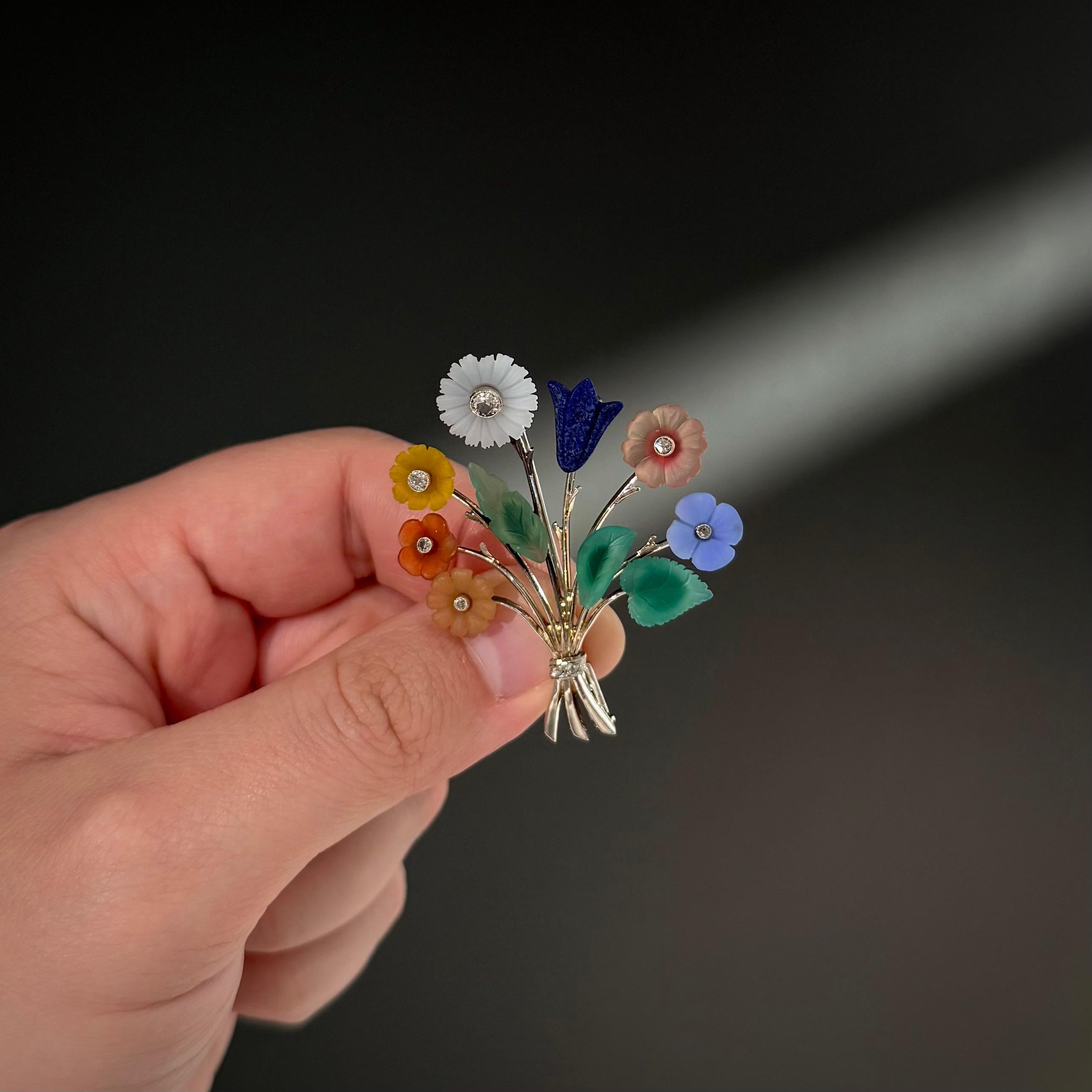 Art Deco Diamond Multi-Gem Floral Bouquet Brooch White Gold Czechoslovakia 1930s In Good Condition For Sale In Lisbon, PT