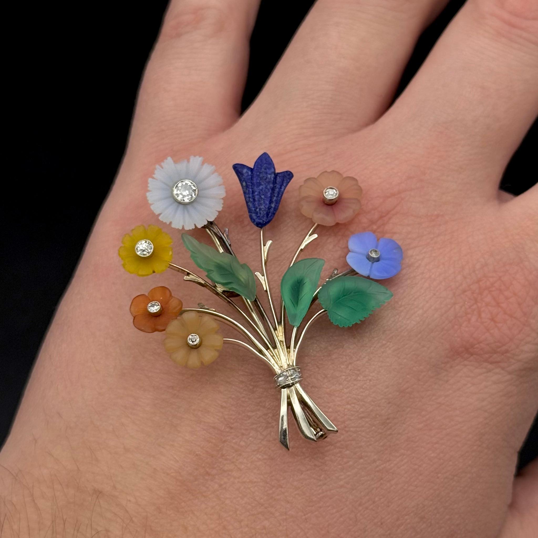 Art Deco Diamond Multi-Gem Floral Bouquet Brooch White Gold Czechoslovakia 1930s For Sale 1
