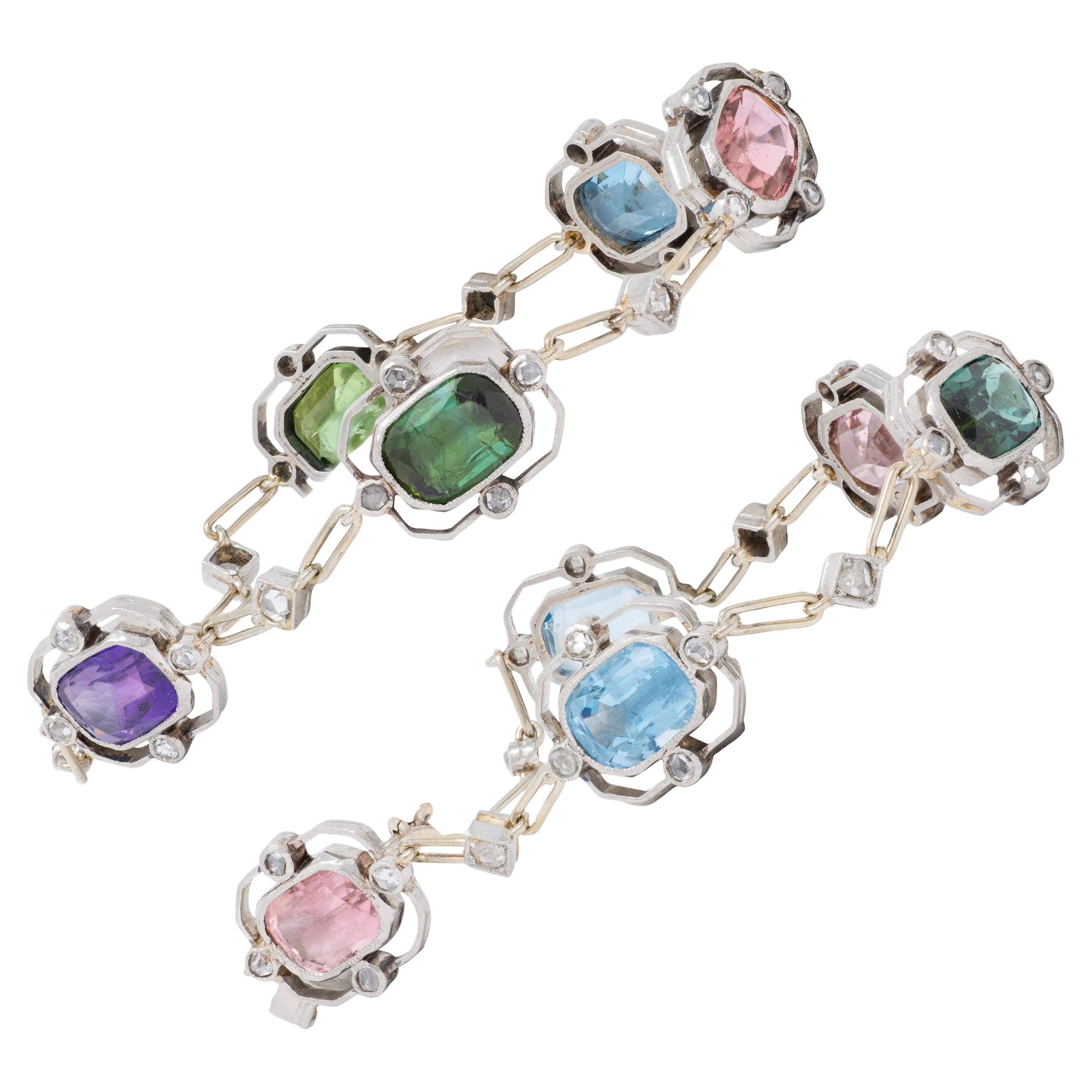 Juego de pulsera de eslabones Art Déco con diamantes, piedras preciosas múltiples y platino 18 quilates antiguo en venta