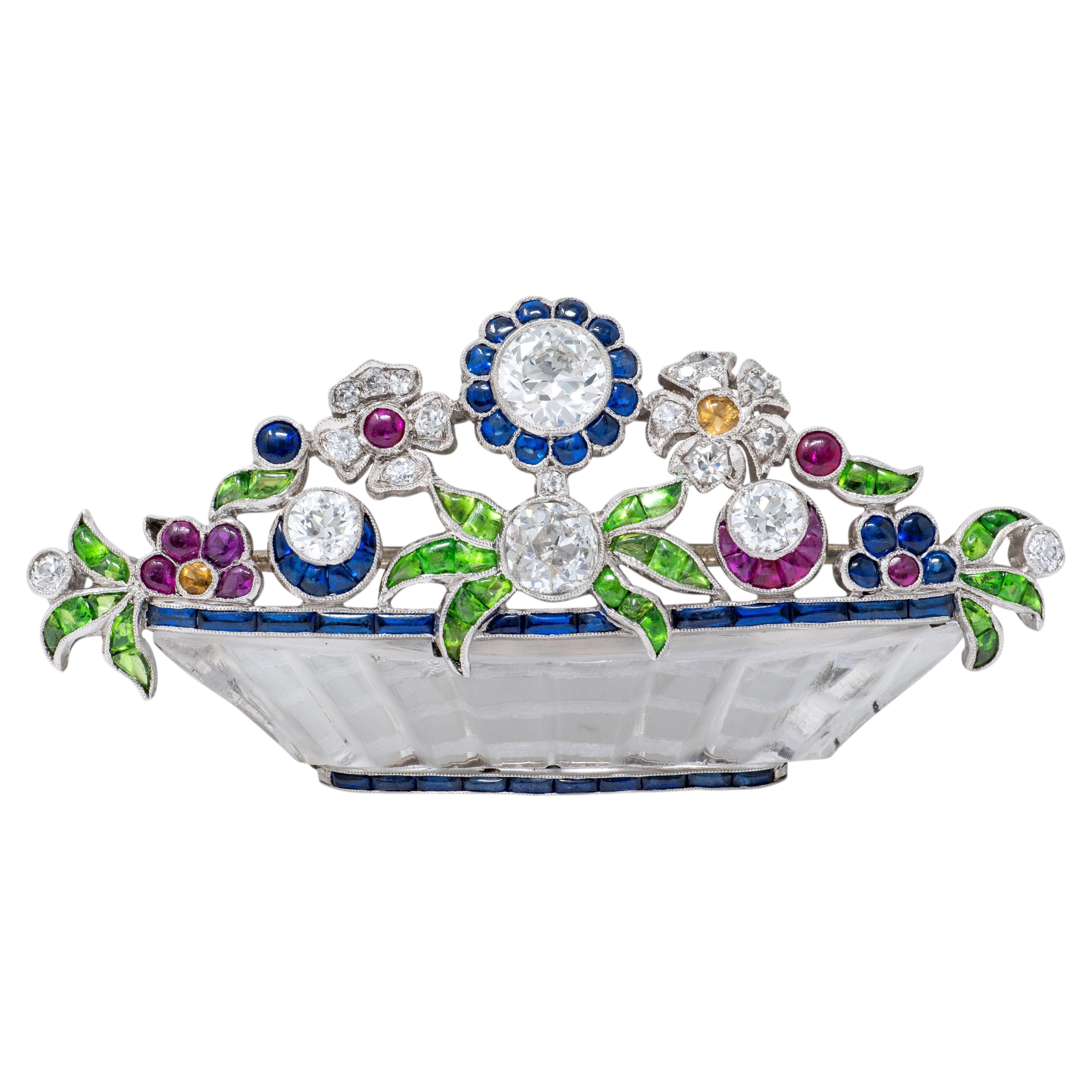 Art Déco Diamante Multi-Gema Platino Vintage Broche Flor Giardinetto