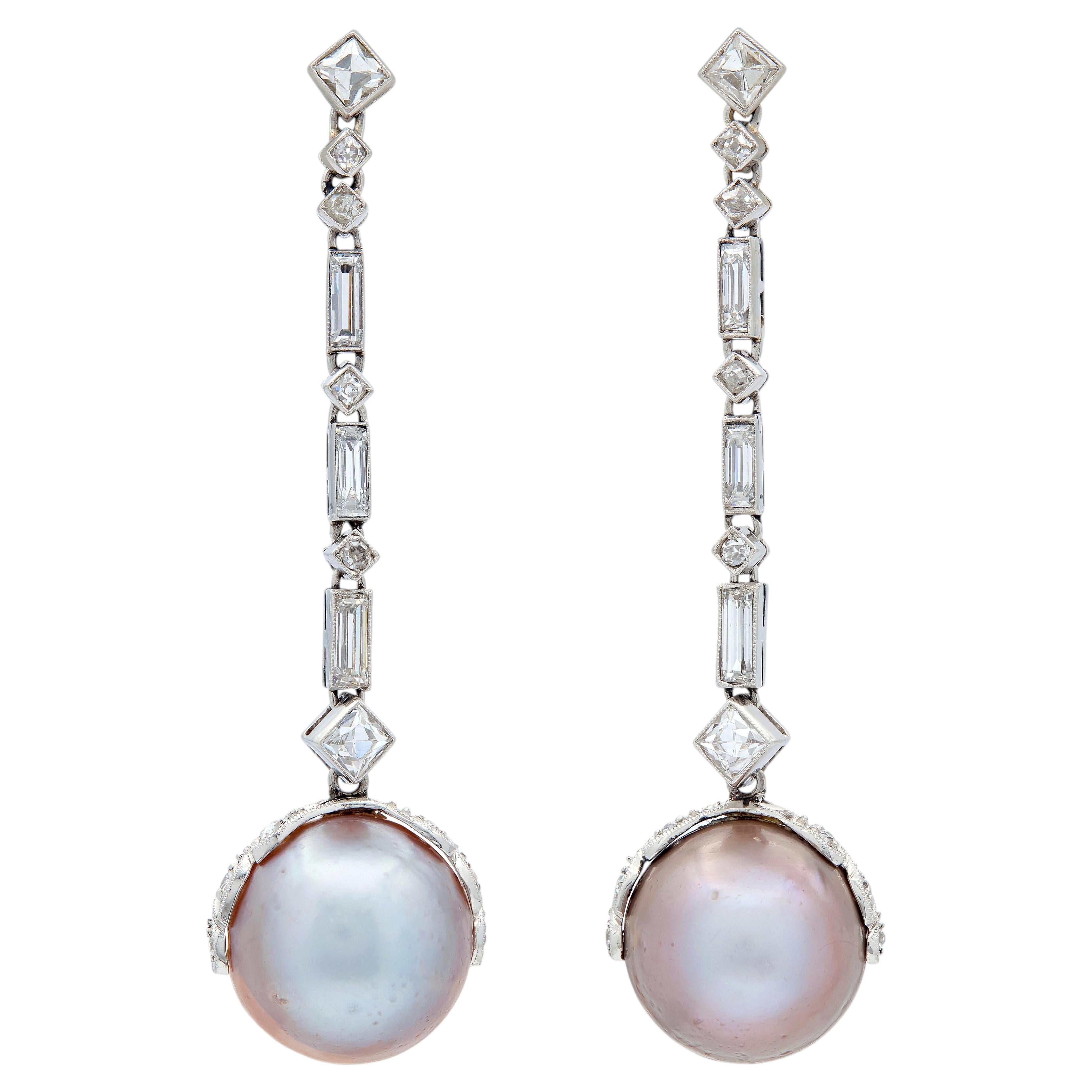 Art Deco Diamond Natural Saltwater Pearl Platinum Antique Drop Earrings GIA