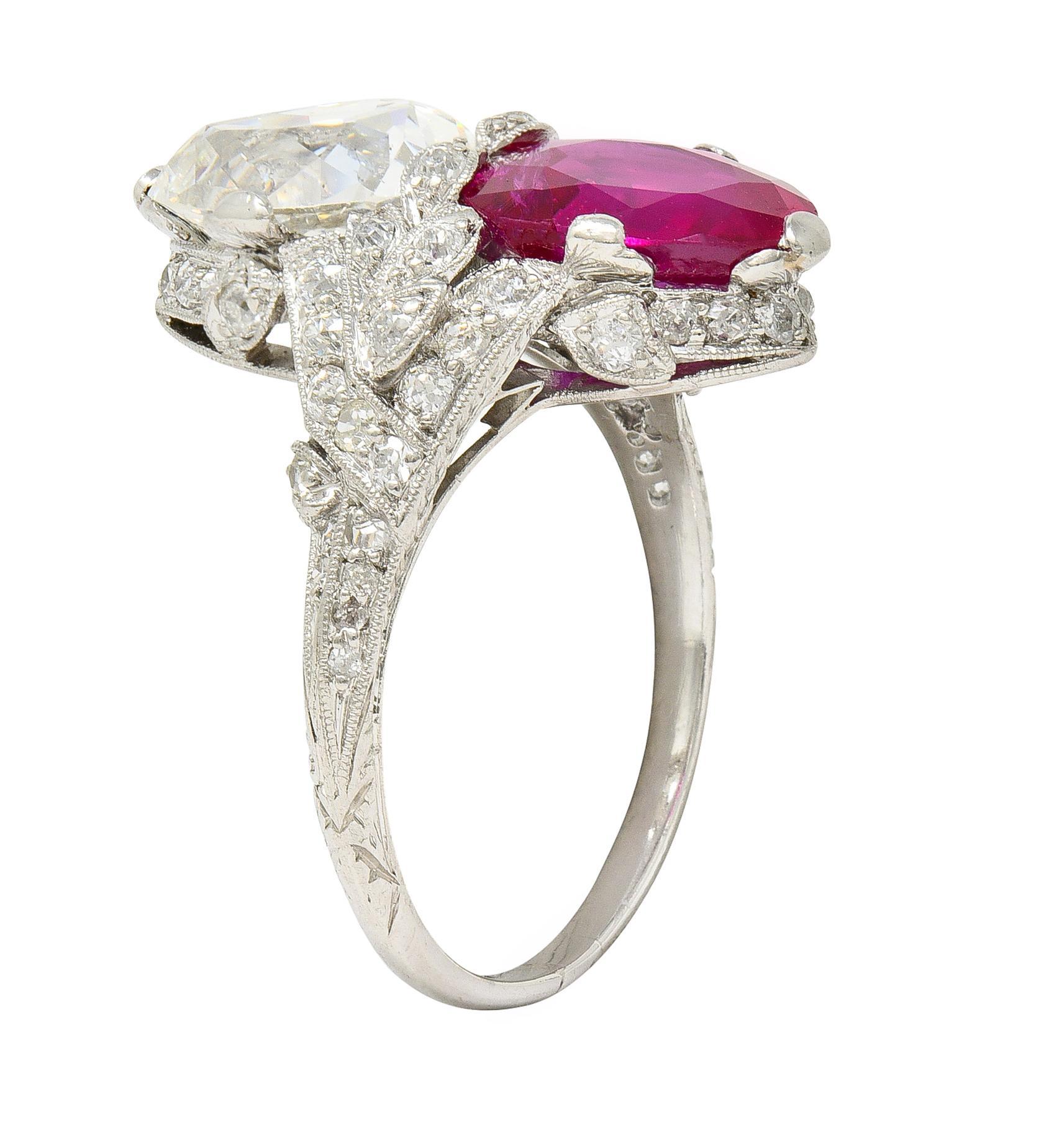 Art Deco Diamond No Heat Burma Ruby Platinum Toi-Et-Moi Antique Ring GIA AGL For Sale 5