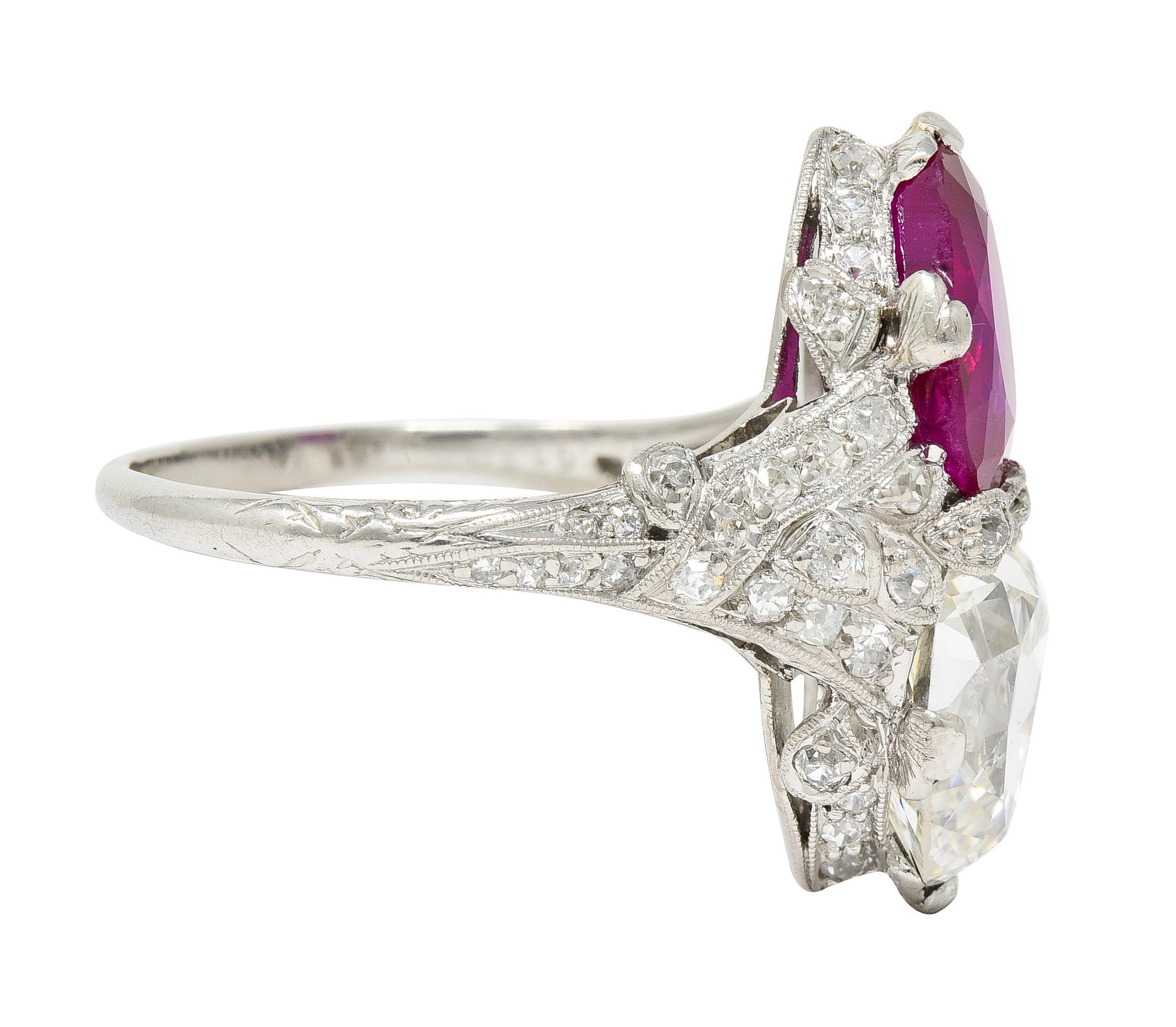Pear Cut Art Deco Diamond No Heat Burma Ruby Platinum Toi-Et-Moi Antique Ring GIA AGL For Sale
