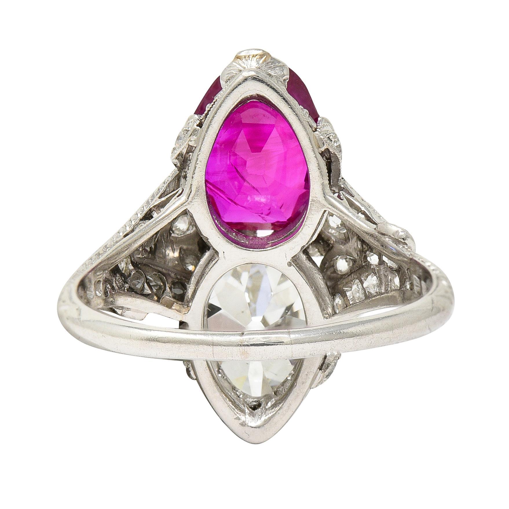 Art Deco Diamond No Heat Burma Ruby Platinum Toi-Et-Moi Antique Ring GIA AGL In Excellent Condition For Sale In Philadelphia, PA