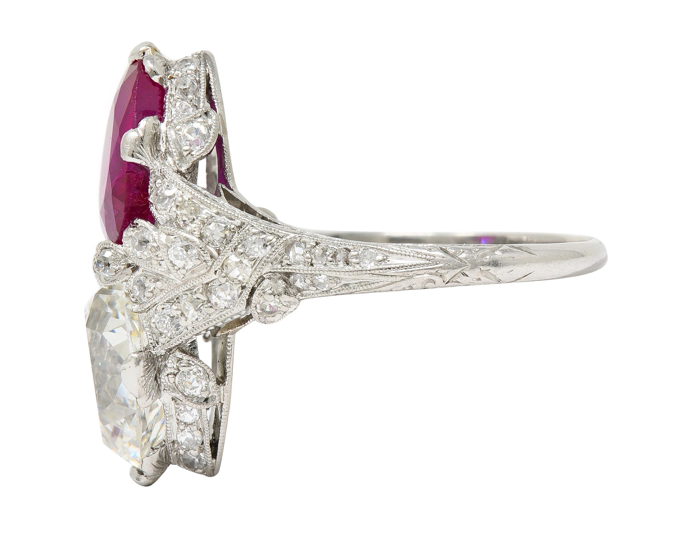 Women's or Men's Art Deco Diamond No Heat Burma Ruby Platinum Toi-Et-Moi Antique Ring GIA AGL For Sale