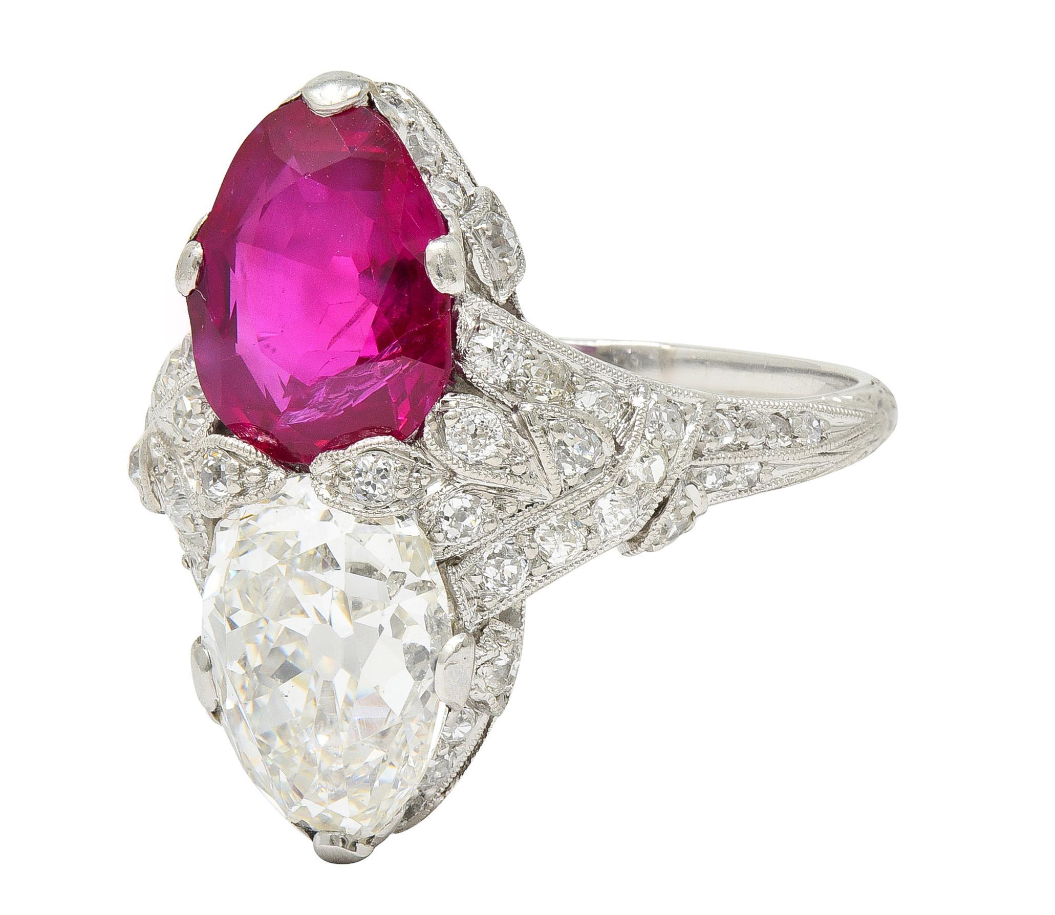Art Deco Diamond No Heat Burma Ruby Platinum Toi-Et-Moi Antique Ring GIA AGL For Sale 1