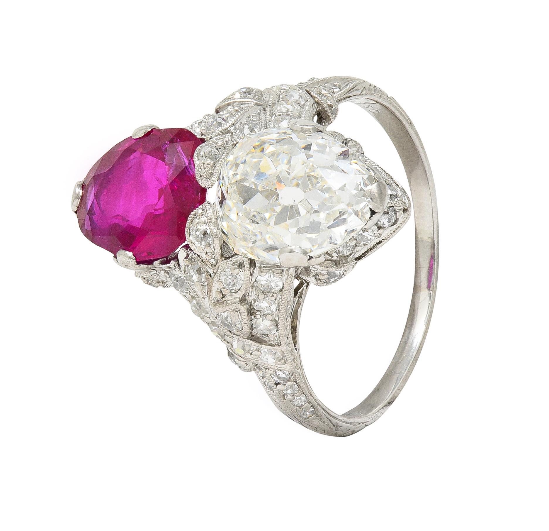 Art Deco Diamond No Heat Burma Ruby Platinum Toi-Et-Moi Antique Ring GIA AGL For Sale 3
