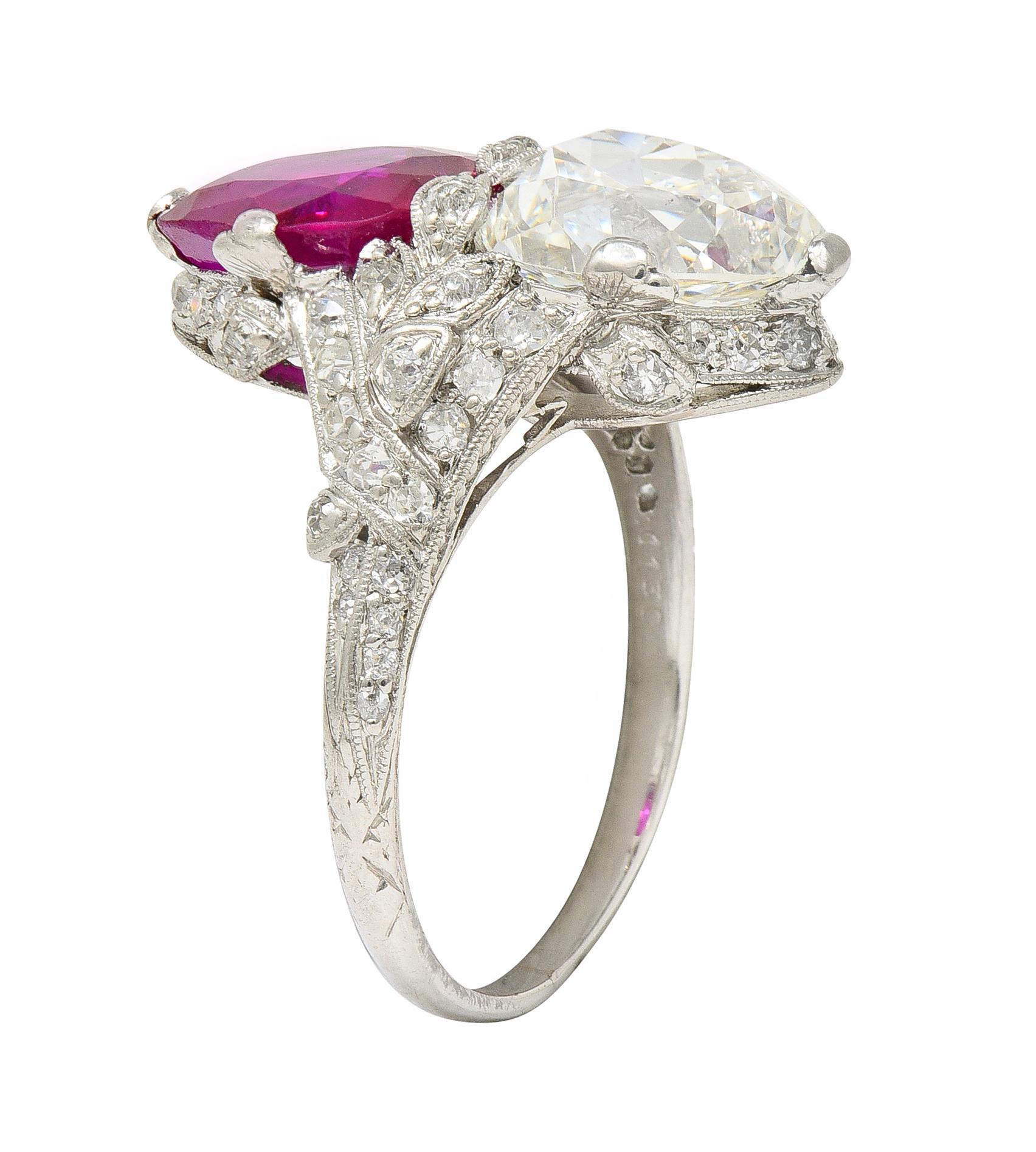 Art Deco Diamond No Heat Burma Ruby Platinum Toi-Et-Moi Antique Ring GIA AGL For Sale 4
