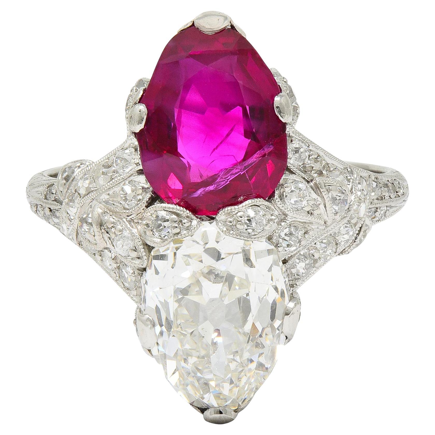 Antiker Art Deco Diamant-Ring, unbehandelter Burma-Rubin Platin Toi-Et-Moi, GIA AGL