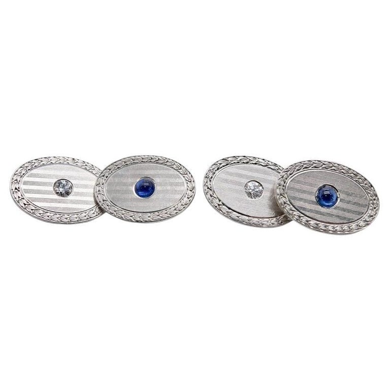 Boutons De Manchette Vintage Larter - Platine 14K - Nacre Et Diamants - Occasion