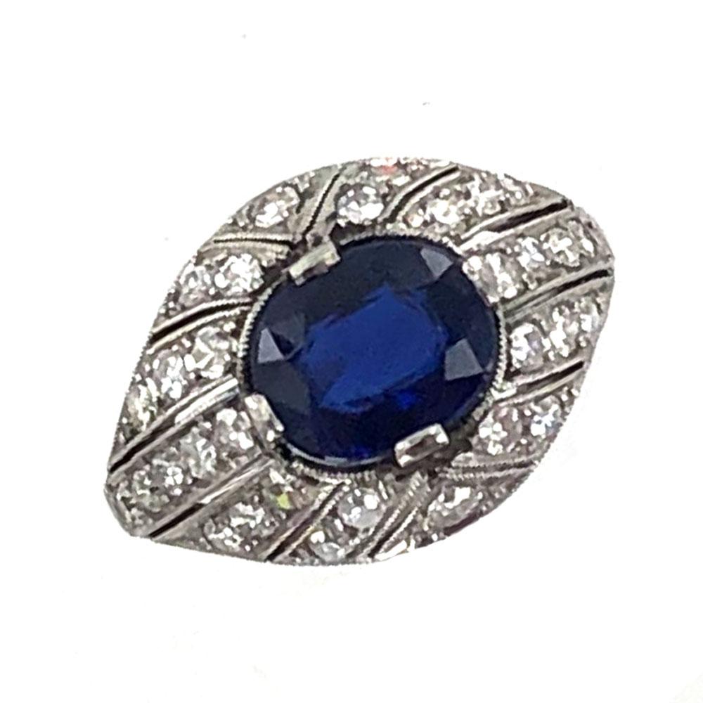 Oval Cut Art Deco Diamond Natural No Heat Blue Sapphire Platinum Cocktail Ring