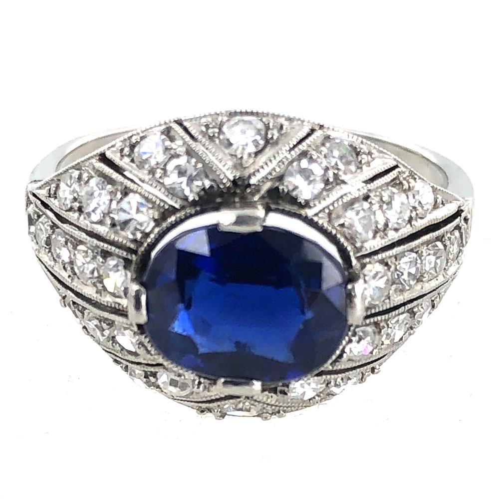 Art Deco Diamond Natural No Heat Blue Sapphire Platinum Cocktail Ring In Excellent Condition In Boca Raton, FL