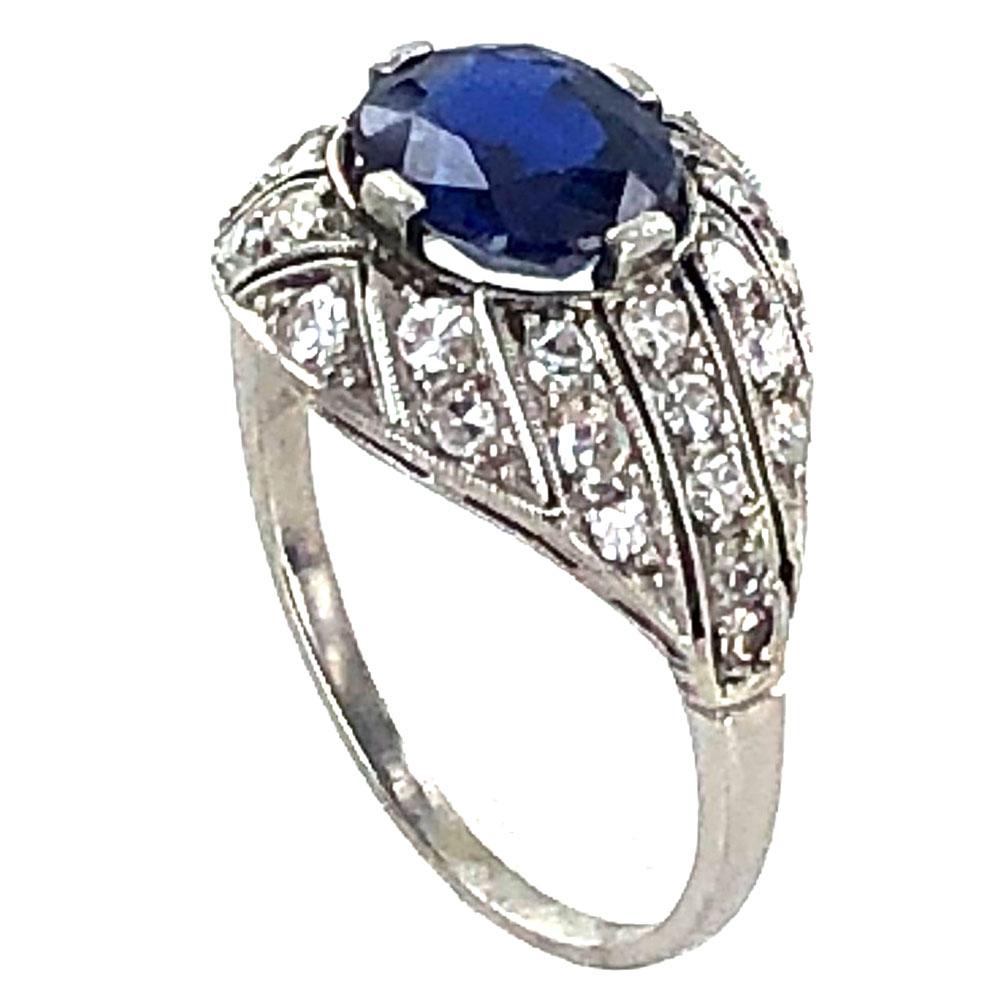 Women's Art Deco Diamond Natural No Heat Blue Sapphire Platinum Cocktail Ring