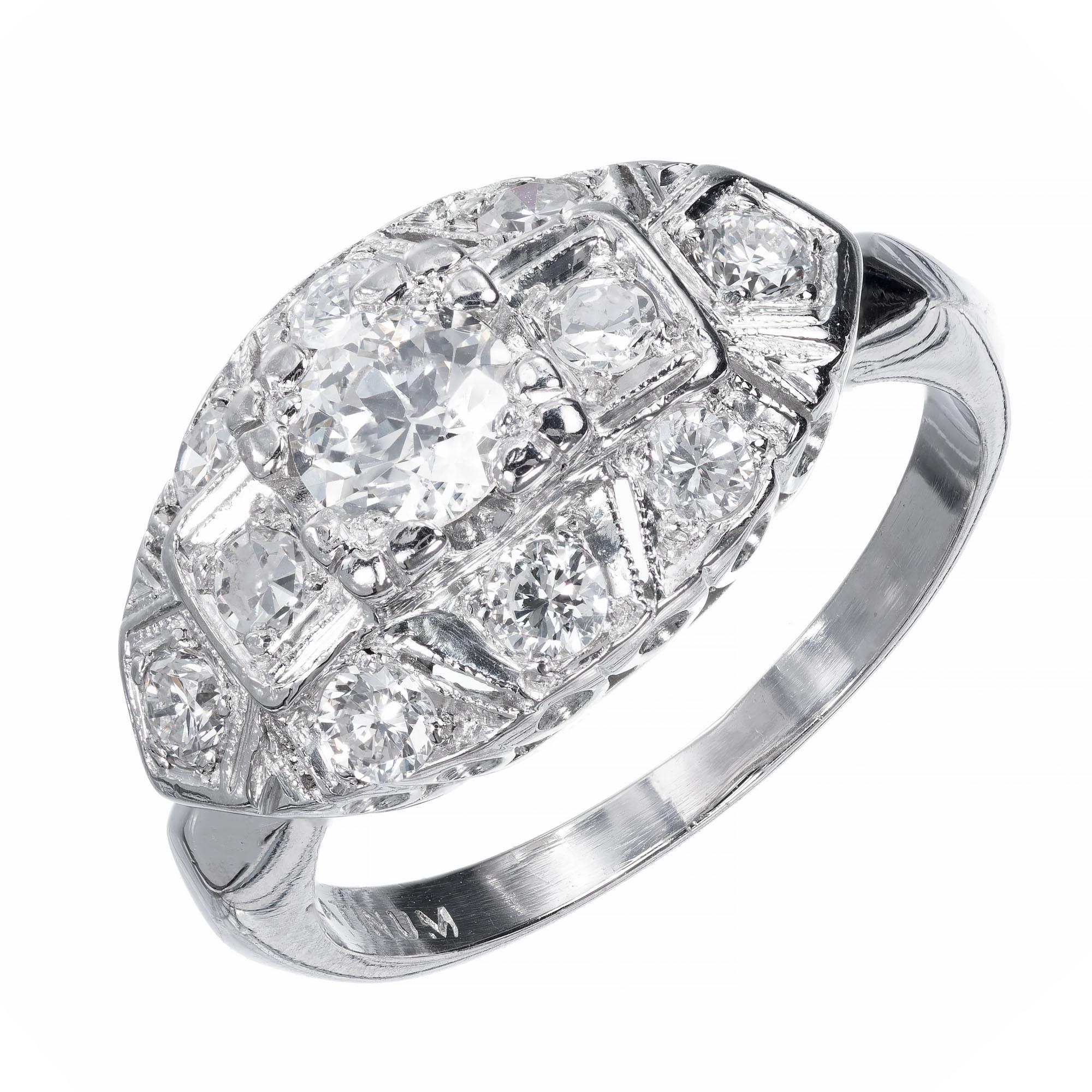 1920's Art Deco Diamond Old European Mixed Cut Platinum Engagement Ring set in platinum. EGL certified. 

1 old European cut diamond, approx. total weight .40cts, H, VS2, Depth: 61/3%, Table: 47%.  EGL cert# US 64065702D
10 mixed cut round diamonds,