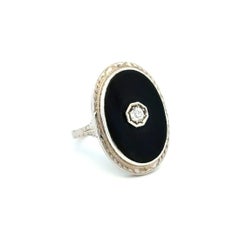 Art Deco Diamond on Oval Onyx Slab Engraved Gold Vintage Ring