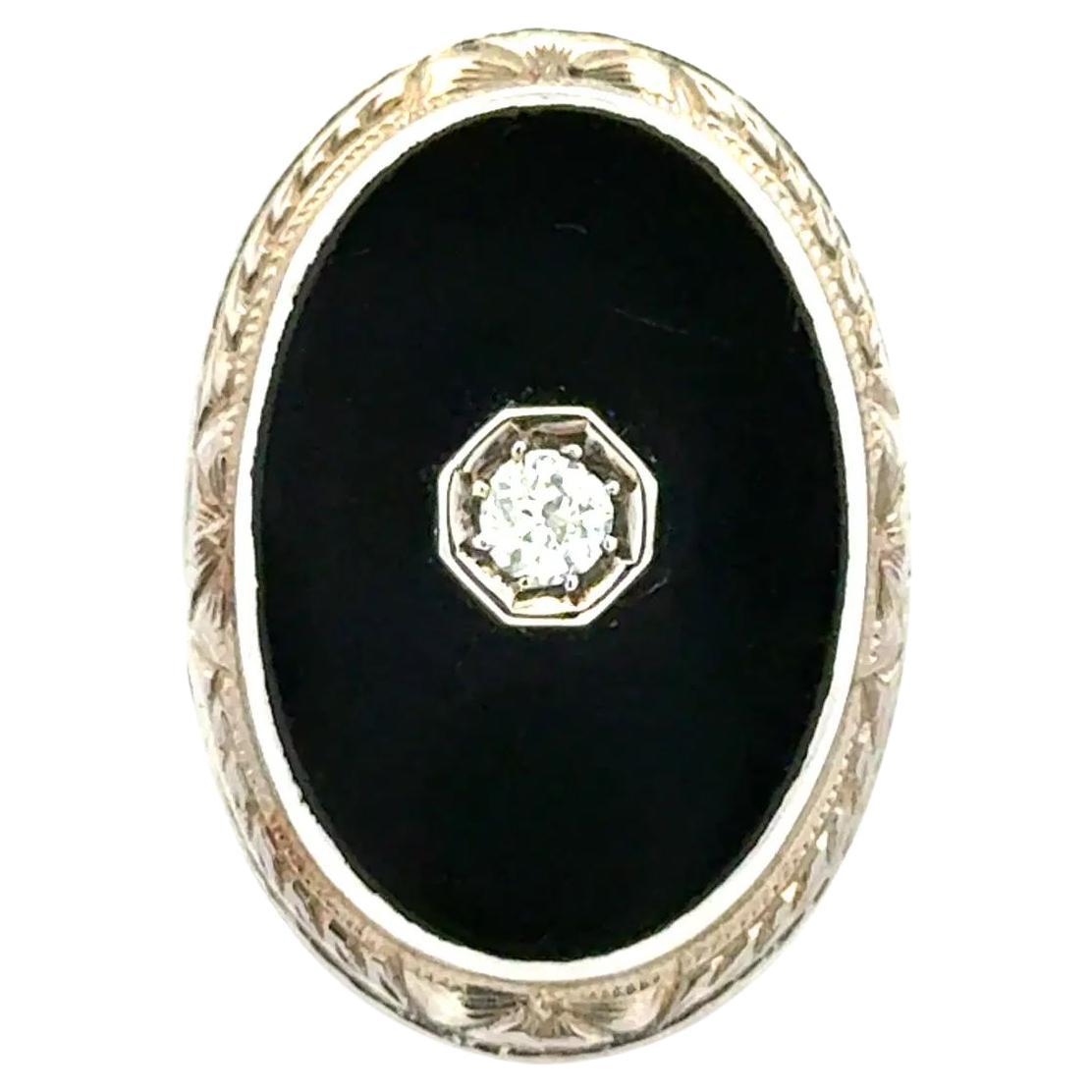 Art Deco Diamant sur plaque ovale d
onyx Bague en or gravée Vintage