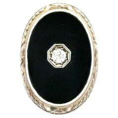 Art Deco Diamond on Oval Onyx Slab Engraved Gold Vintage Ring