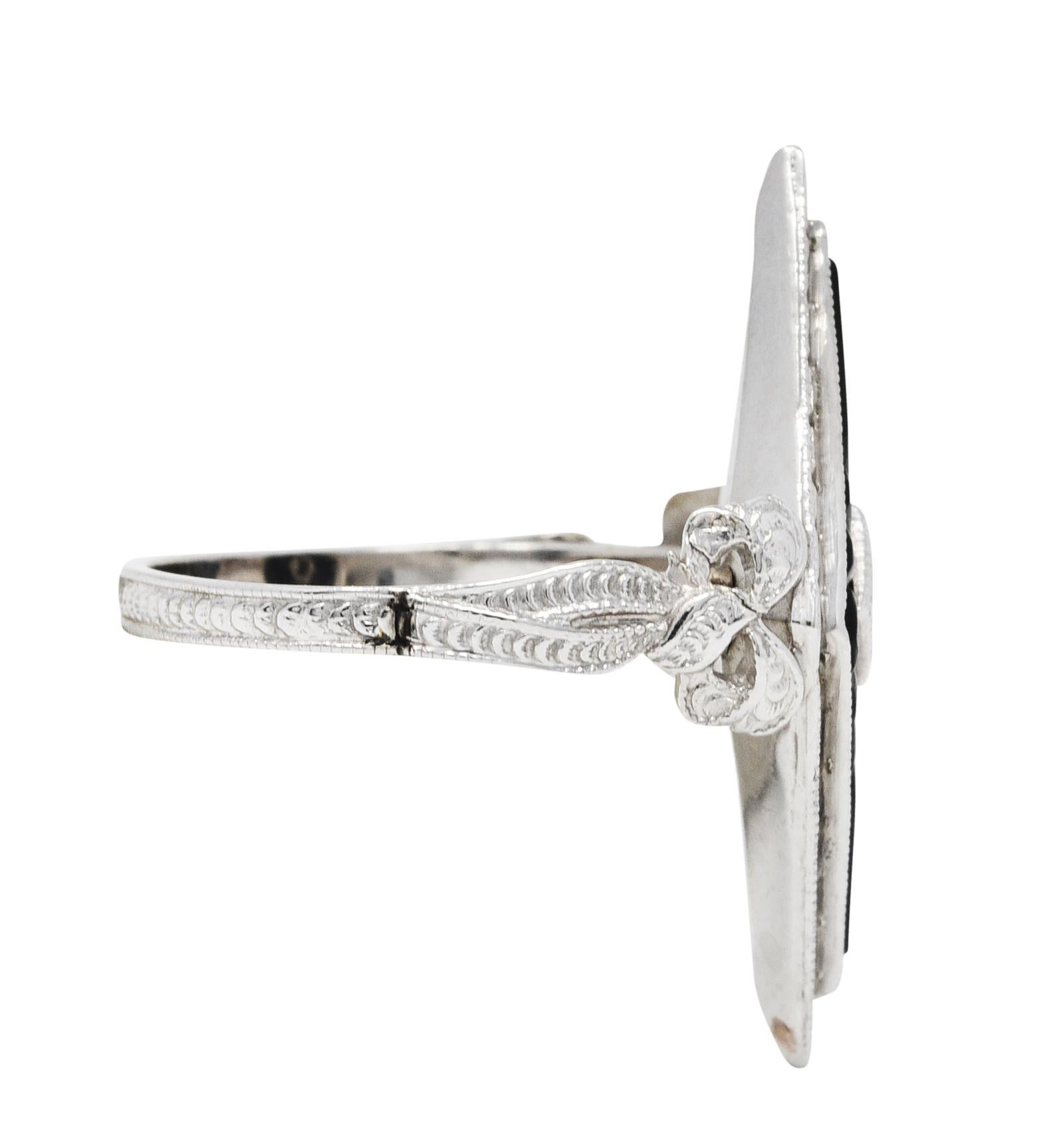 Single Cut Art Deco Diamond Onyx 14 Karat White Gold Navette Dinner Ring