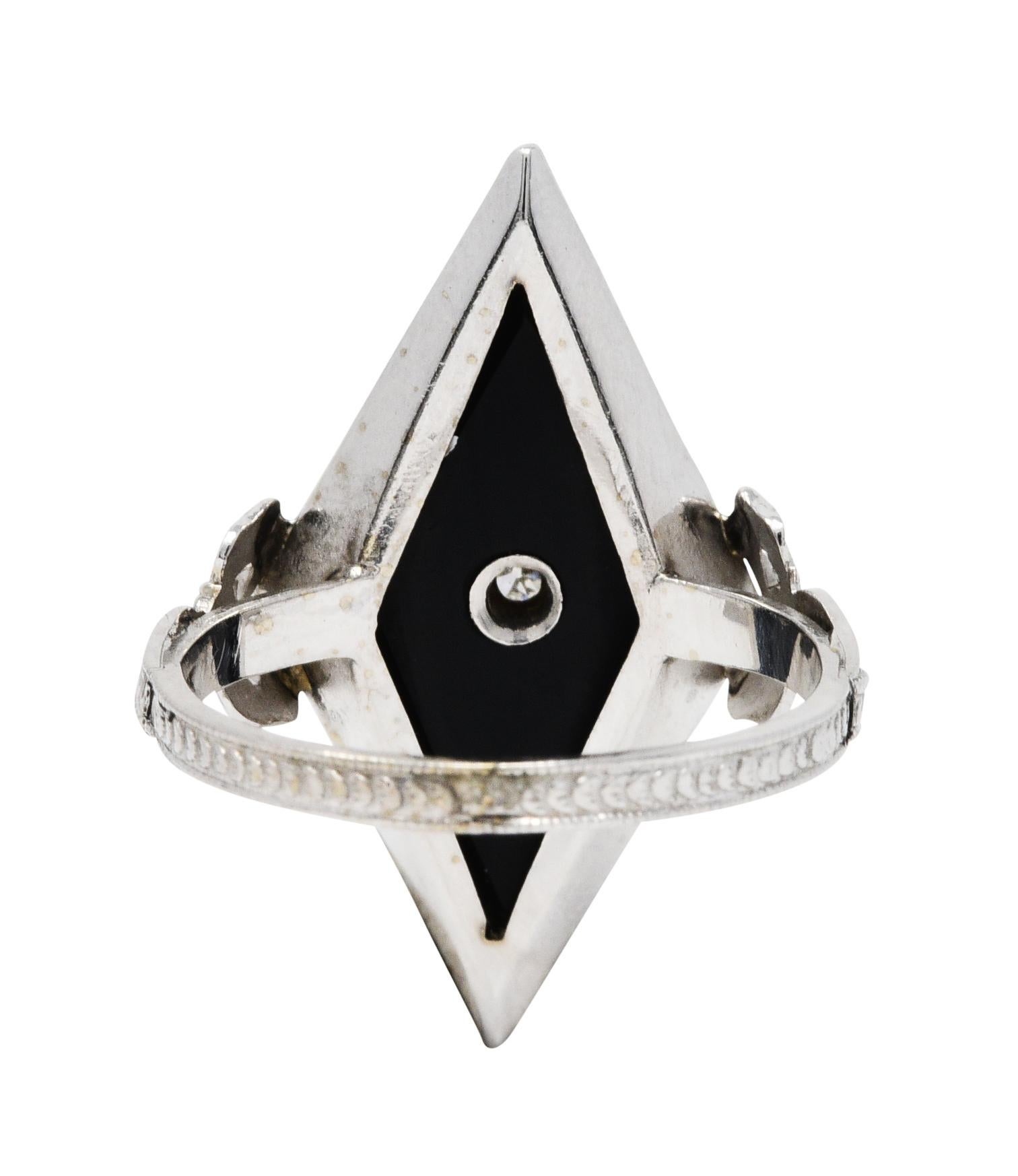 Art Deco Diamond Onyx 14 Karat White Gold Navette Dinner Ring In Excellent Condition In Philadelphia, PA