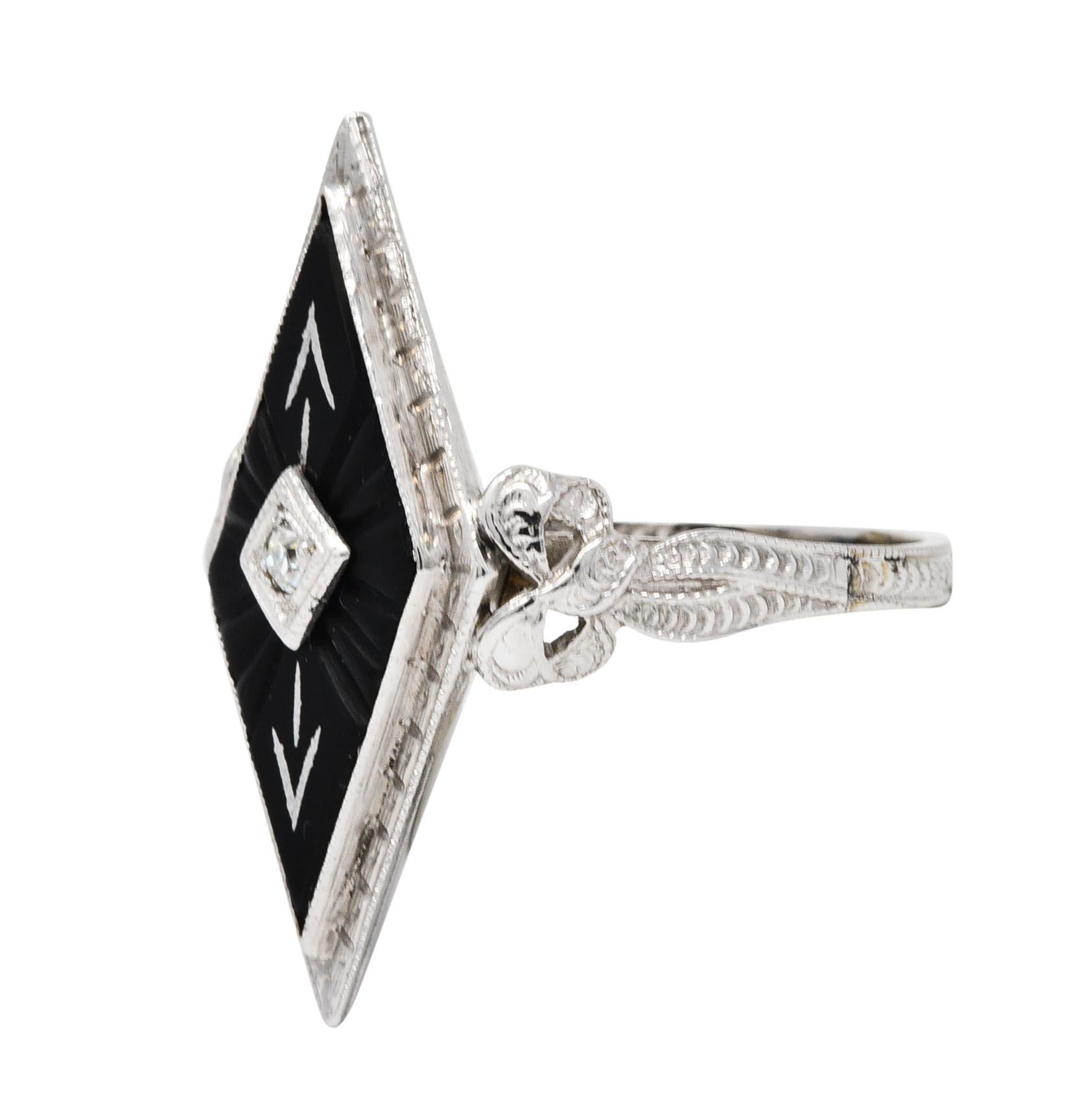 Art Deco Diamond Onyx 14 Karat White Gold Navette Dinner Ring 1