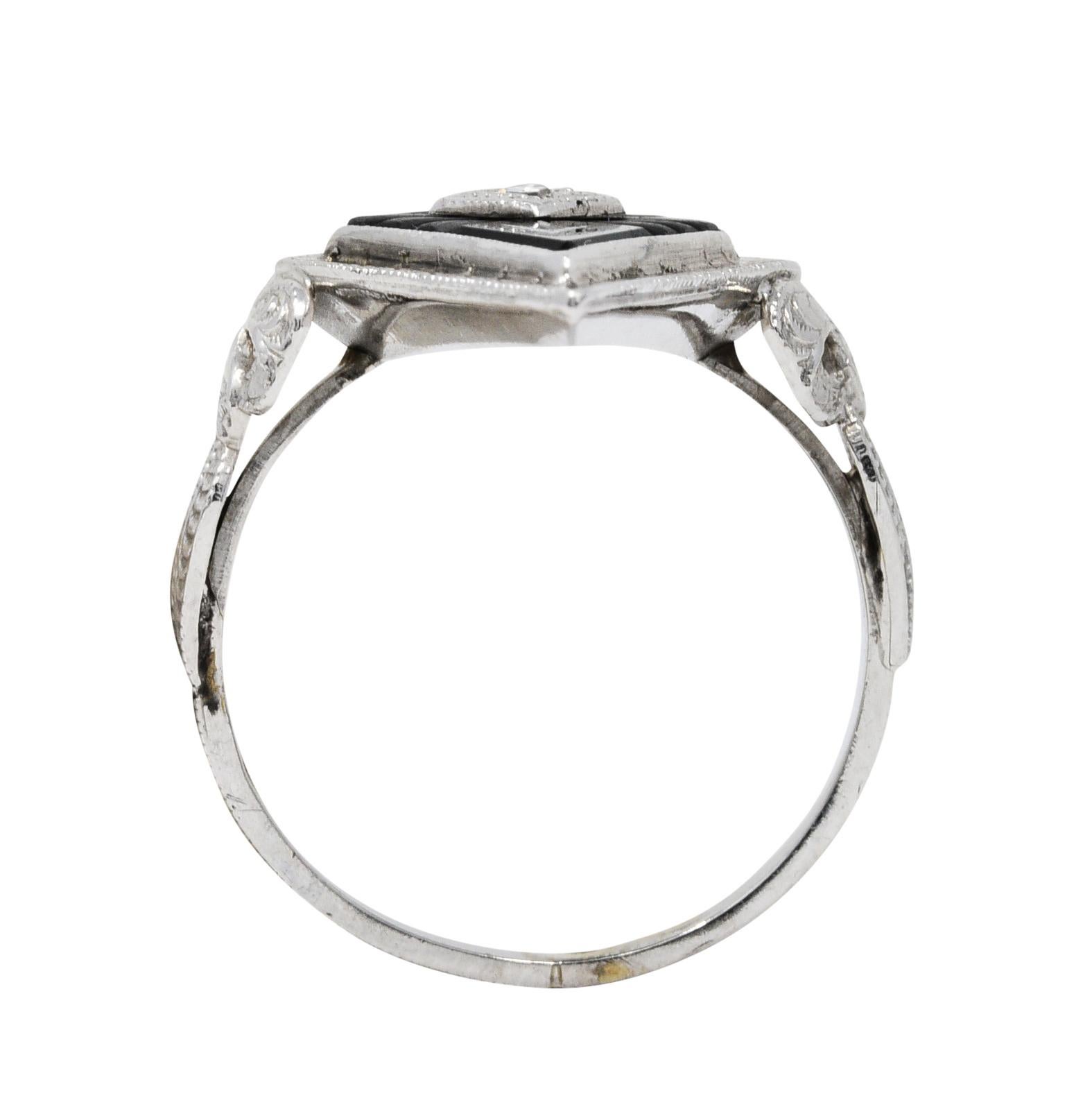 Art Deco Diamond Onyx 14 Karat White Gold Navette Dinner Ring 3