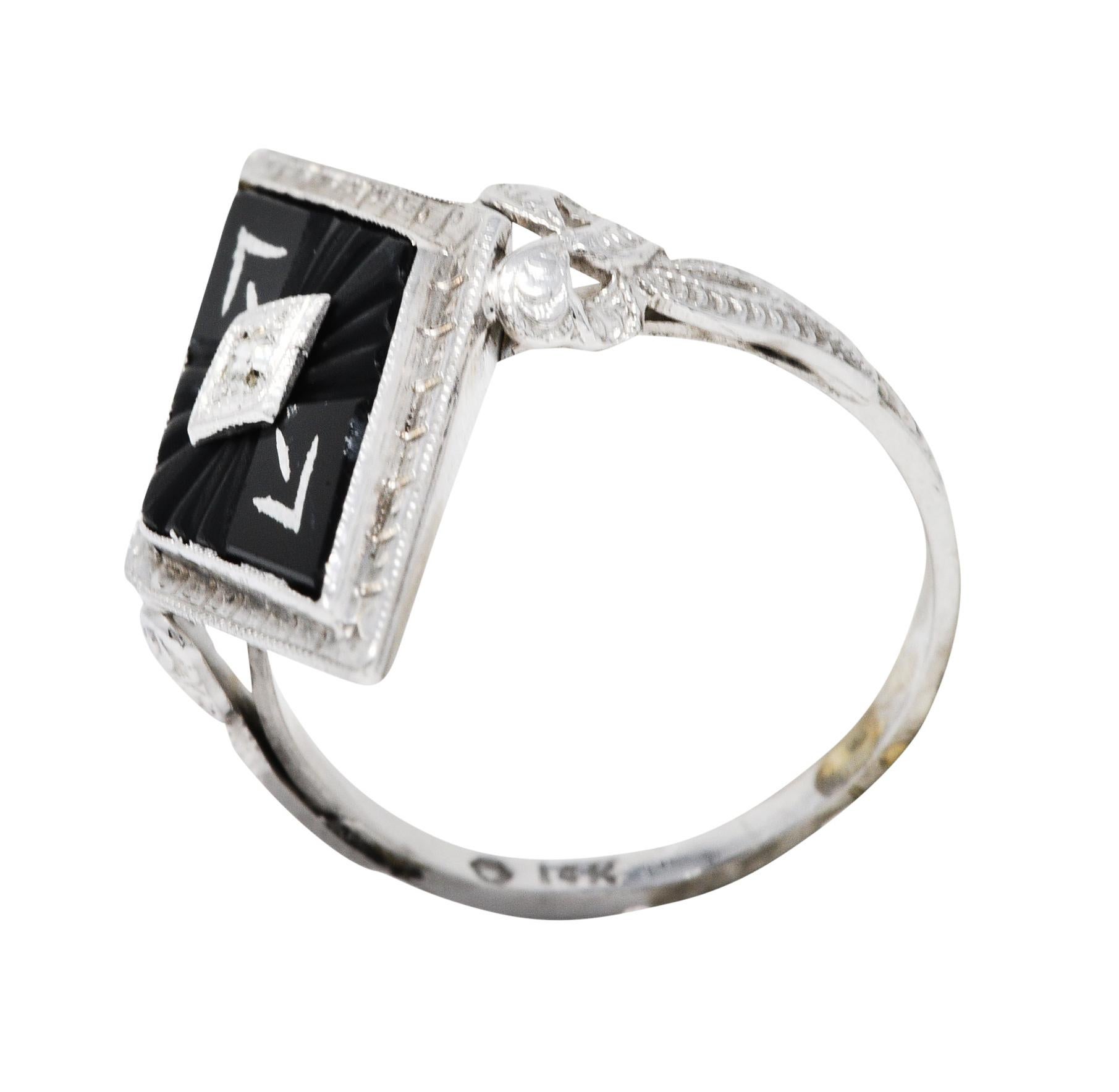 Art Deco Diamond Onyx 14 Karat White Gold Navette Dinner Ring 4