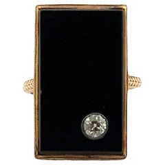 Rechteckiger Art-Déco-Ring, Diamant Onyx 14 Karat Gelbgold.