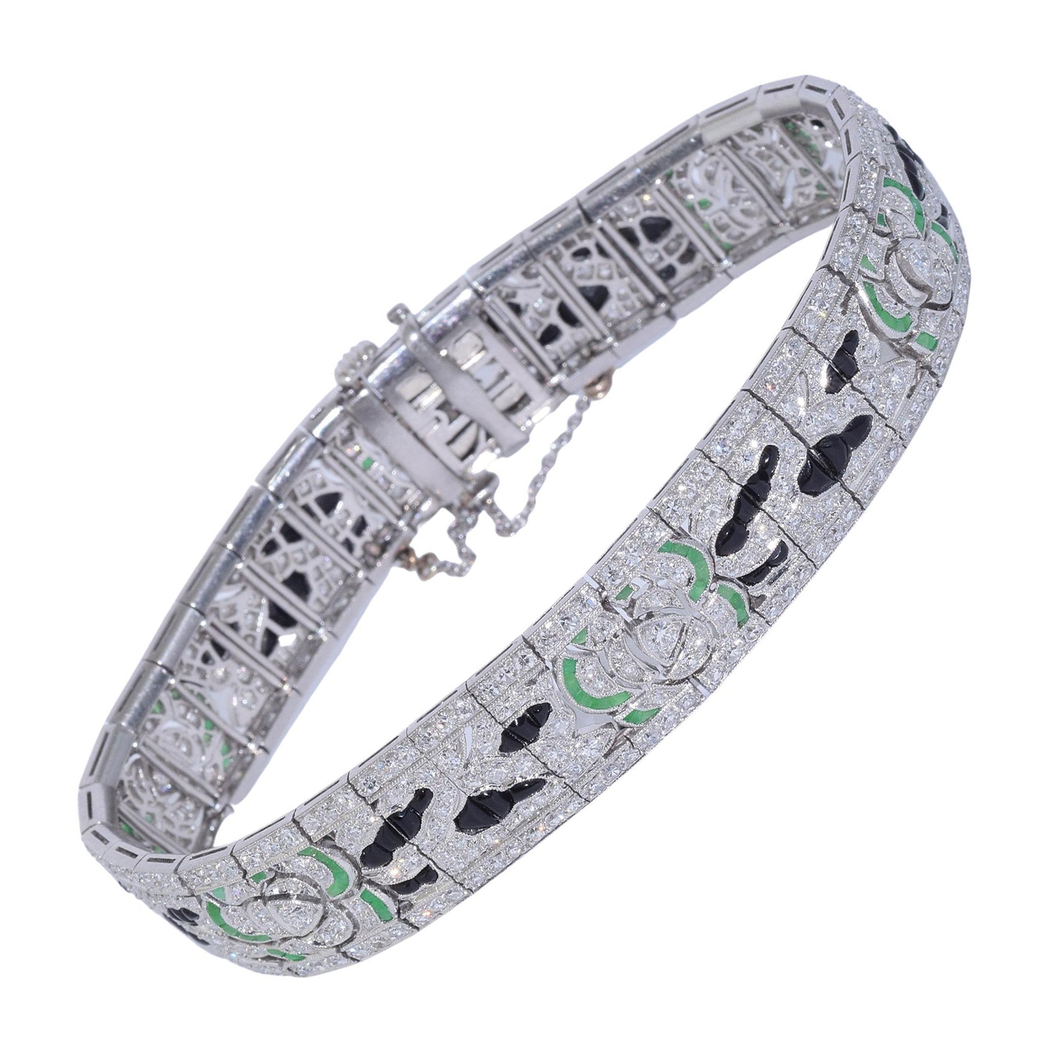 Art Deco Diamond, Onyx and Chrysoprase Flower Motif Bracelet