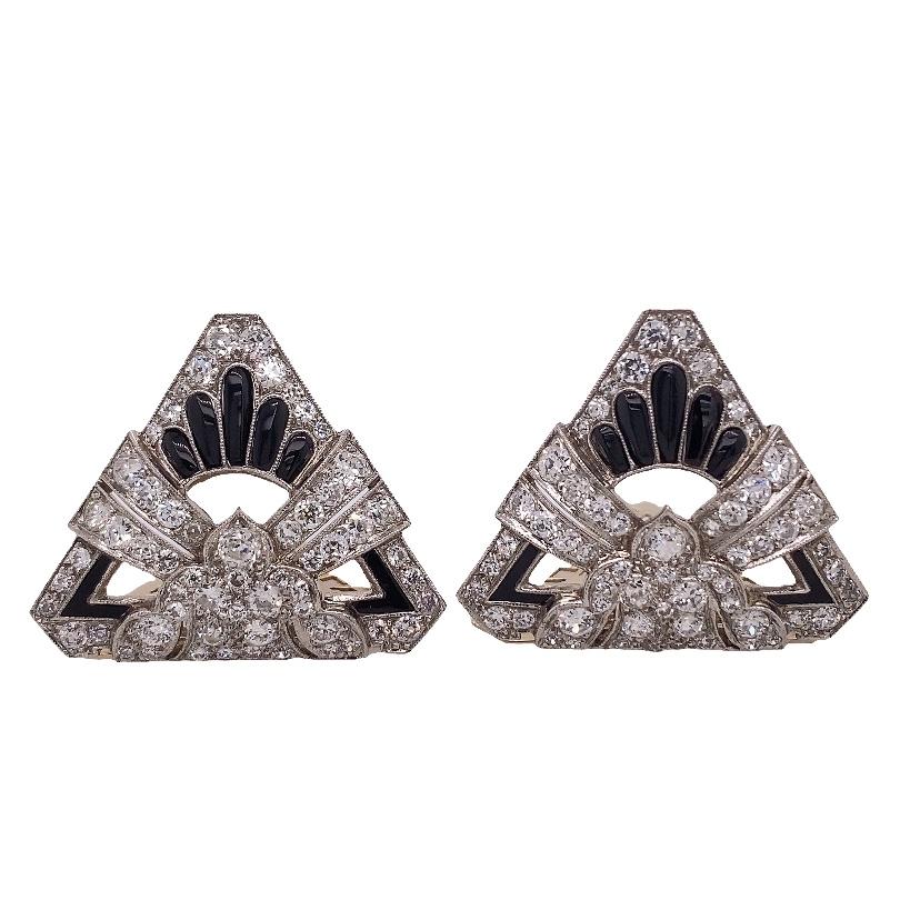 Clips de collier Art déco en diamant et onyx Excellent état - En vente à London, GB