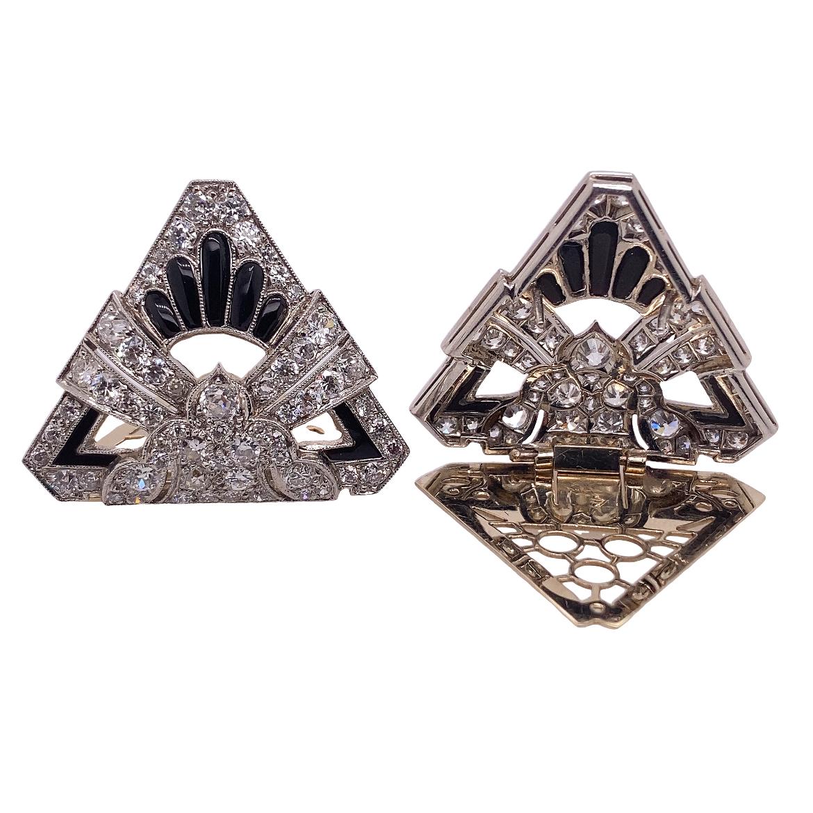 Art Deco Diamond & Onyx Collar Clips For Sale 1