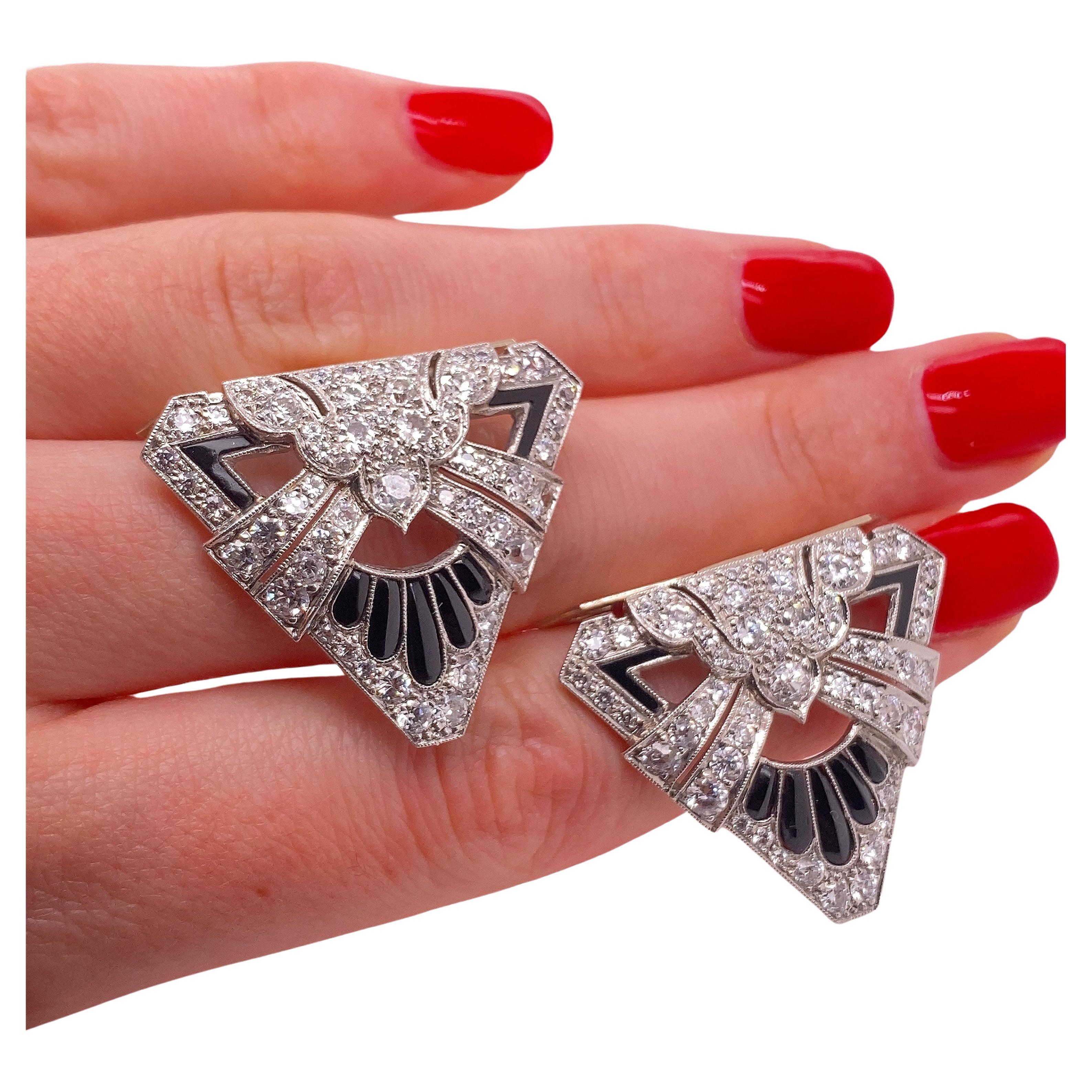Art Deco Diamond & Onyx Collar Clips For Sale