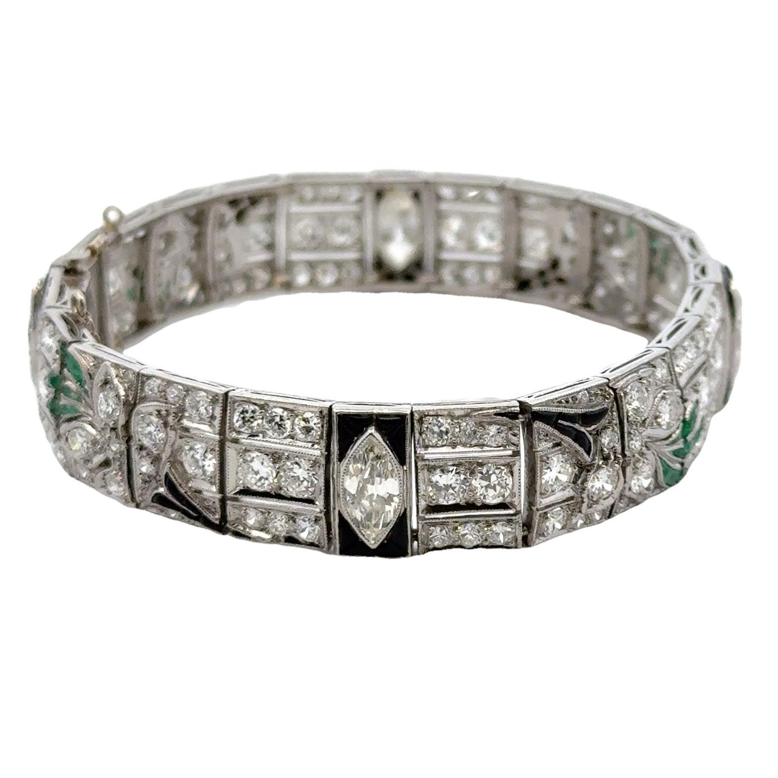 Art Deco Diamant Onyx Smaragd Platin Linie Armband frühes 20. Jahrhundert 2
