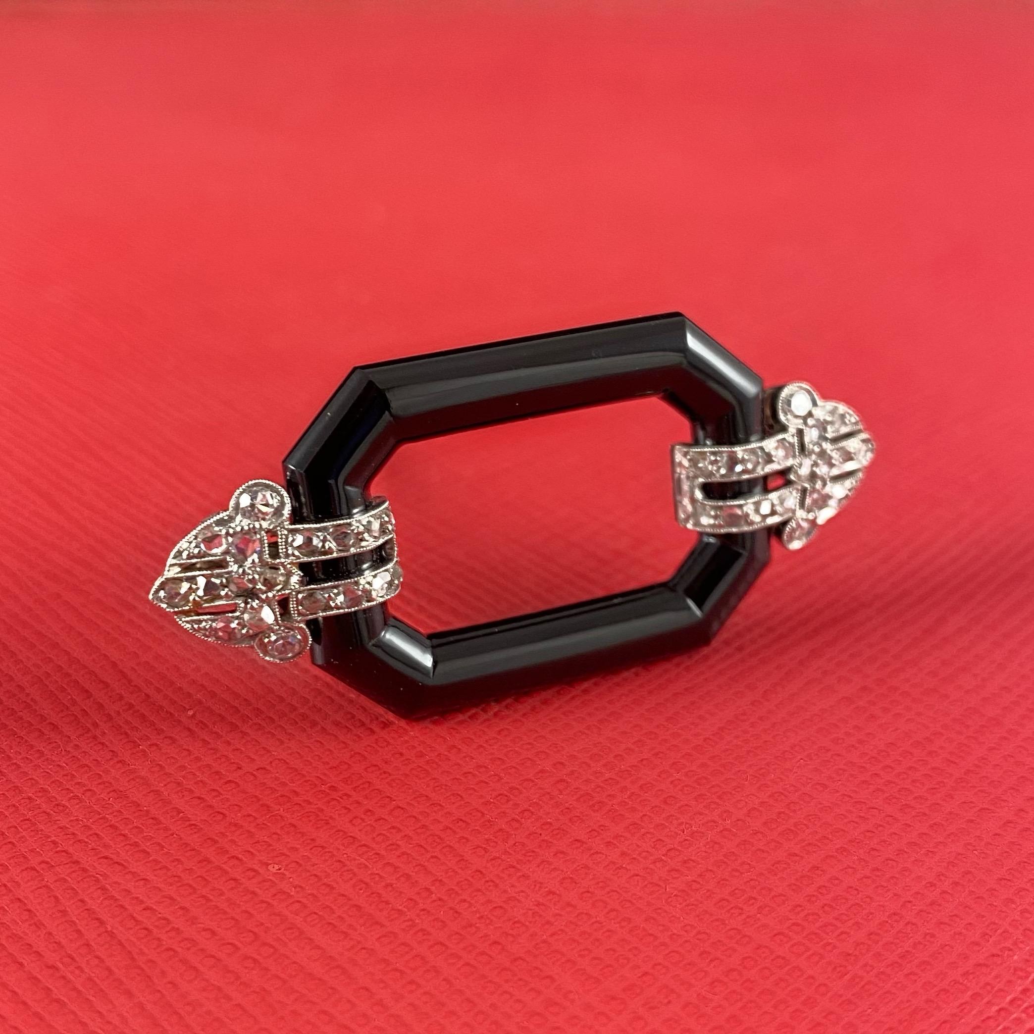 Rose Cut Art Deco Diamond Onyx Geometric Openwork Brooch Platinum 1920s/1930s French