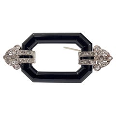 Art Deco Diamond Onyx Geometric Openwork Brooch Platinum 1920s/1930s French