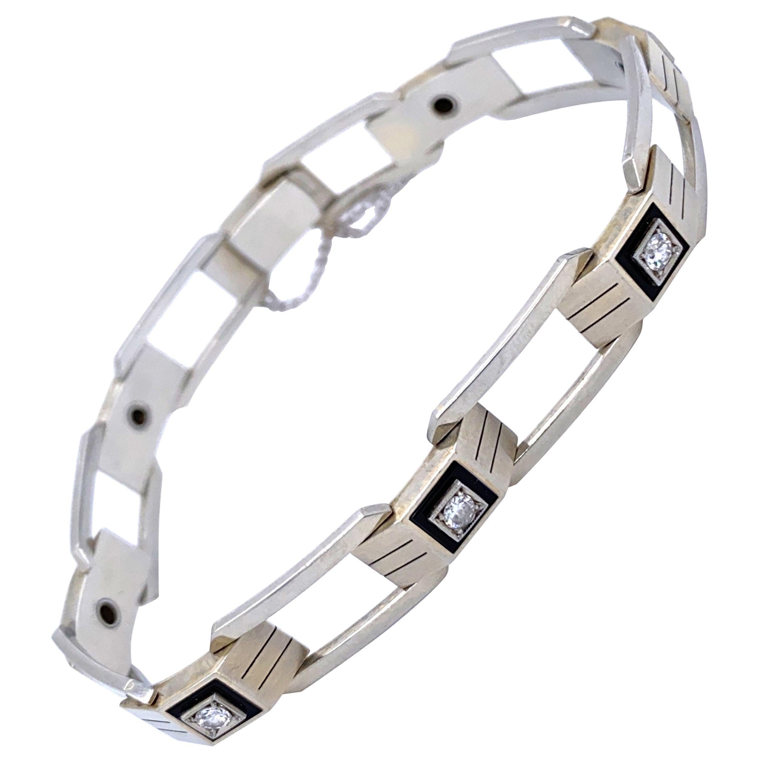 Art Deco Diamond Onyx Gold Link Unisex Bracelet