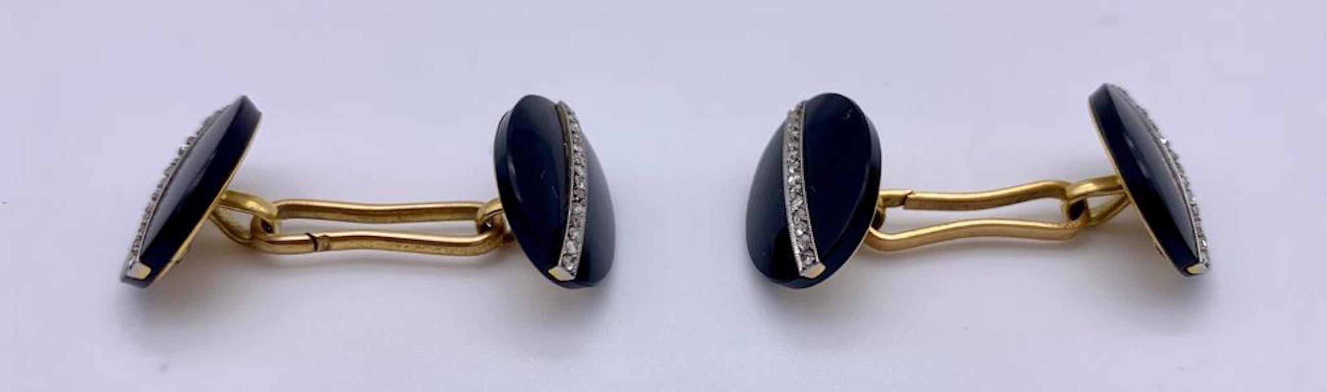 Art Deco Diamond Onyx Gold Platinum Cufflinks In Excellent Condition For Sale In Munich, Bavaria