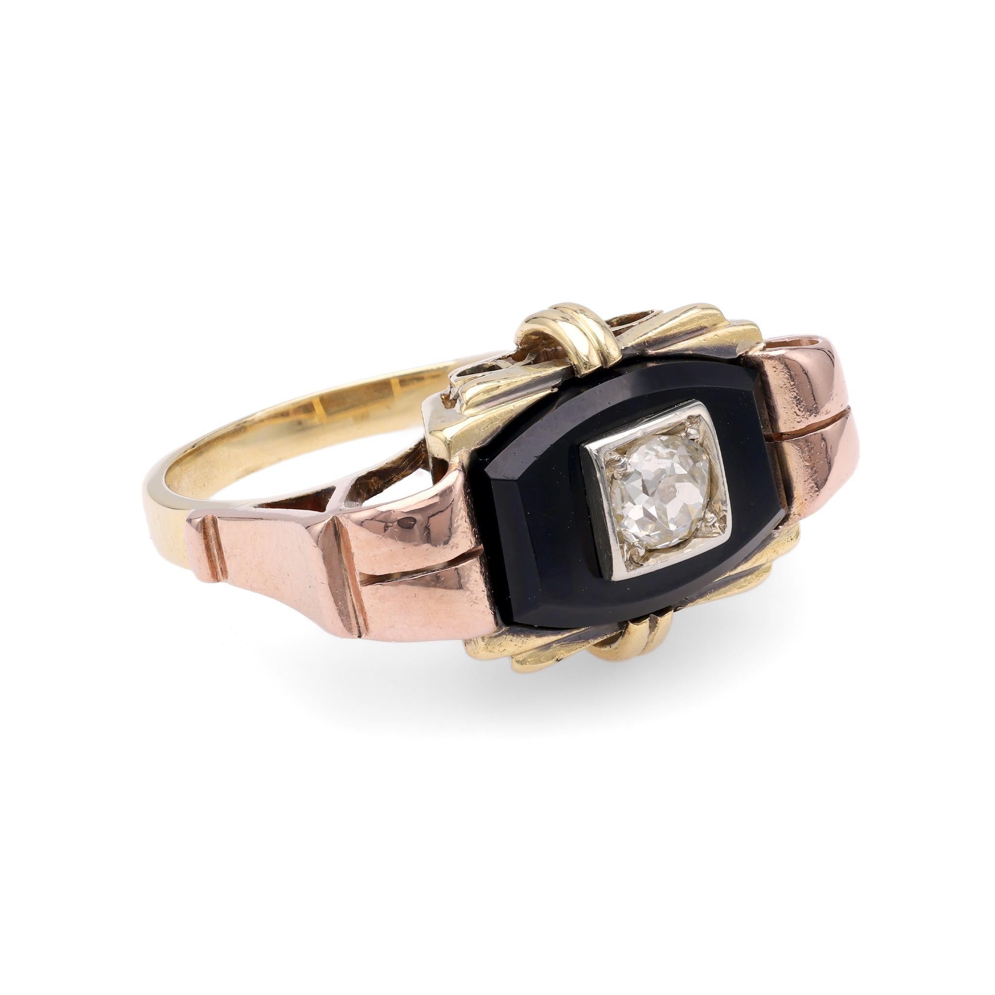 Old European Cut Art Deco Diamond Onyx Gold Ring For Sale